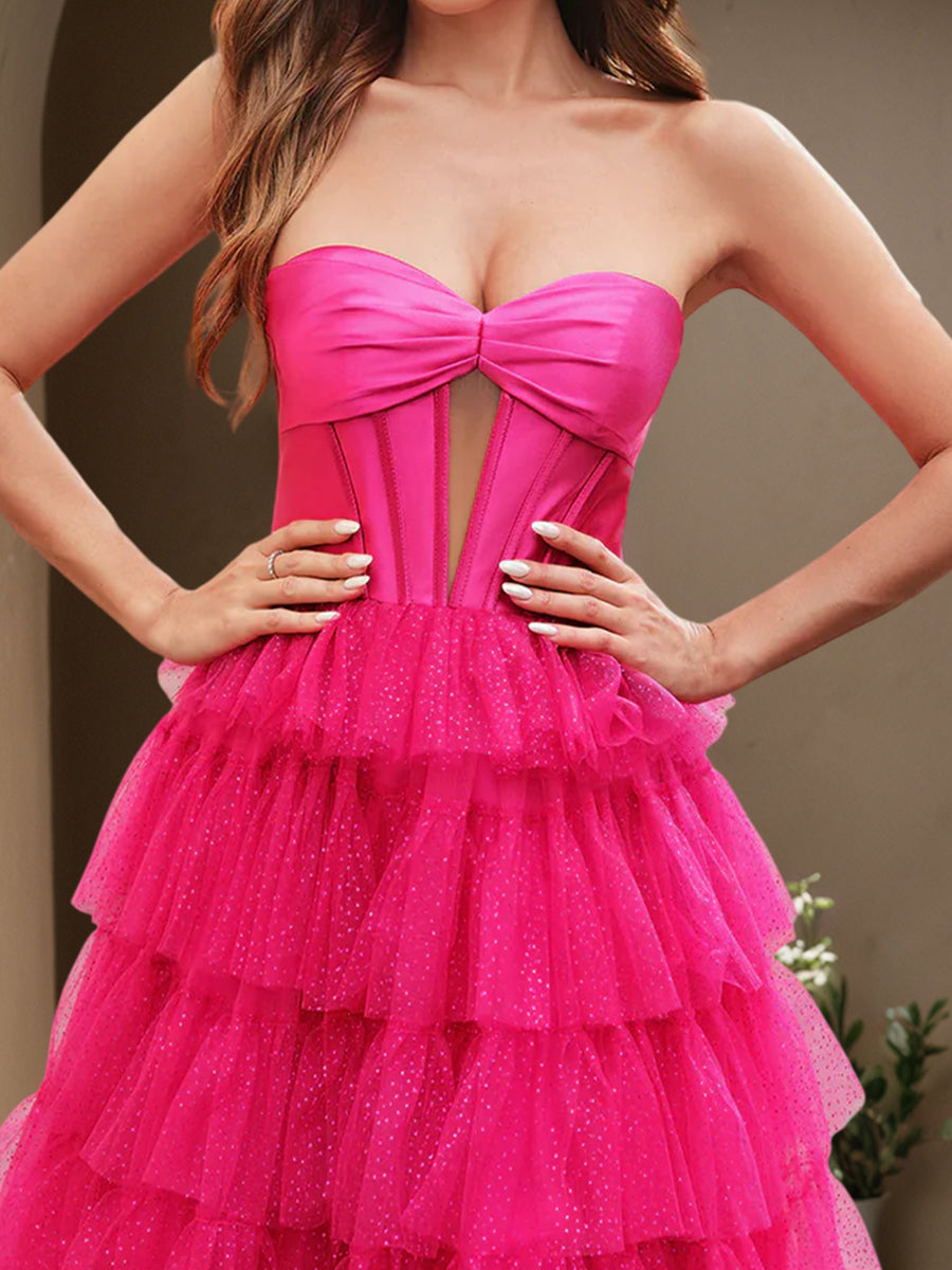 Cicinia Fuchsia Prom Dresses Tulle Sweetheart Layers A-Line Floor Length Gowns