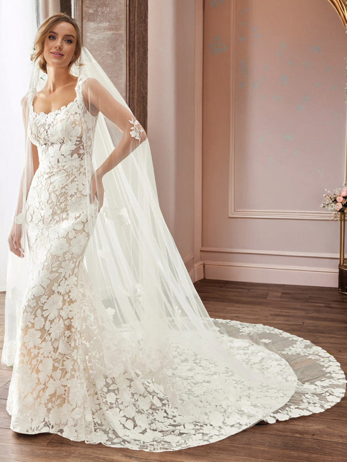 Sheath/Column Lace Square Neckline Removable Sleeves Sweep/Brush Train Wedding Dress