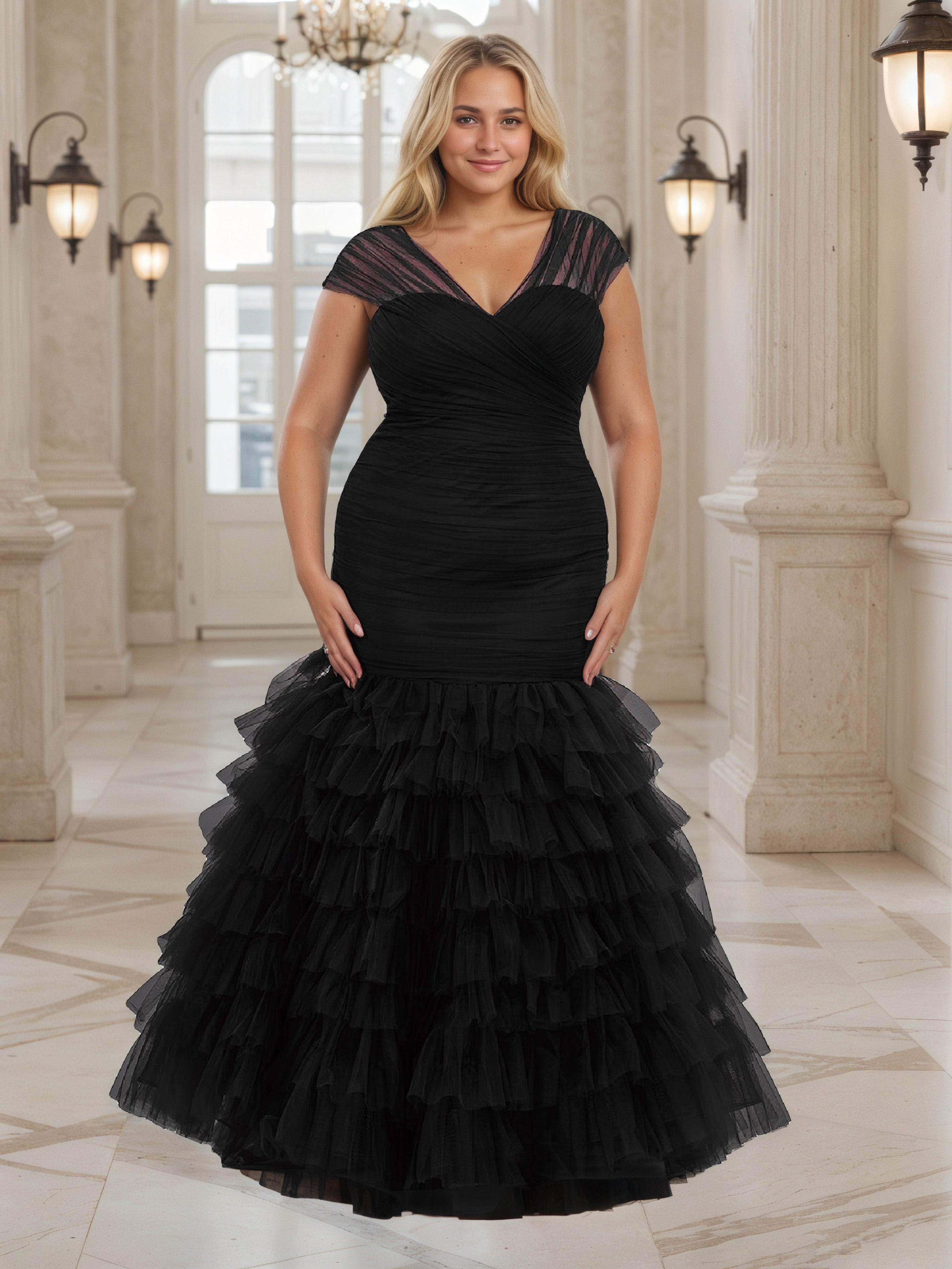Cap Sleeves V-Neck Prom Dress Sheath Black Layers Plus Size Dress Cap Sleeves V-Neck Prom Dress Sheath Black Layers Plus Size Dress