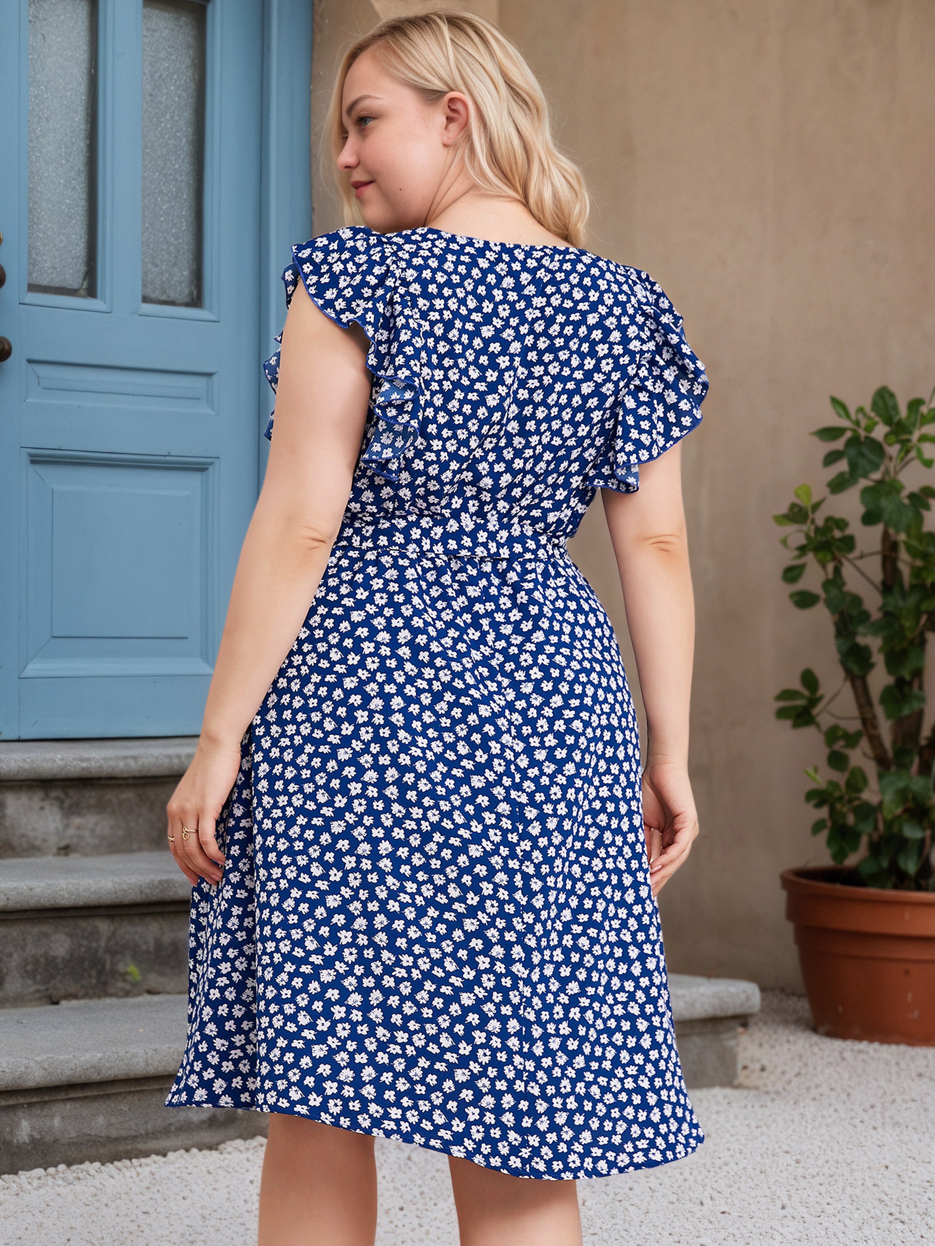 Navy Blue Plus Size Dress Ruffle Cap Sleeves Knee Length Plus Size Dress