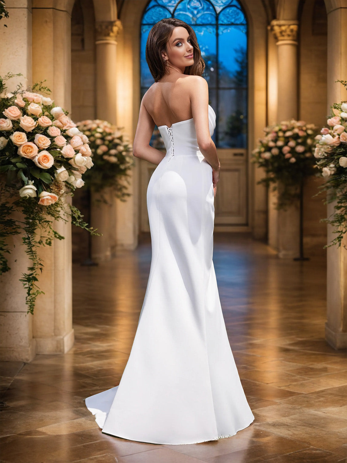 Sweep/Brush Train Strapless Sleeveless Split Stretch Satin Wedding Dress