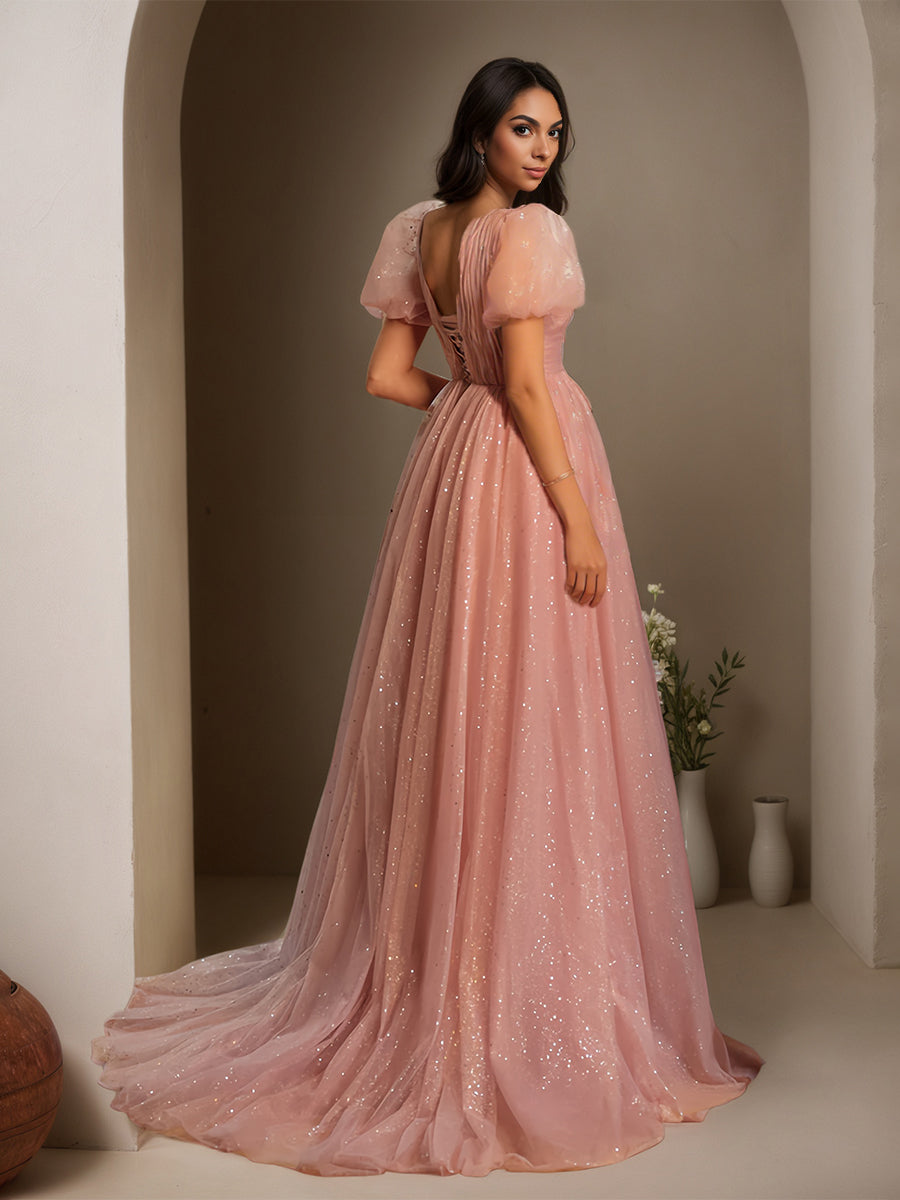 Cicinia Dusty Rose Prom Dresses Glitter Tulle A-Line Puffed Short Sleeves Long Princess Gown