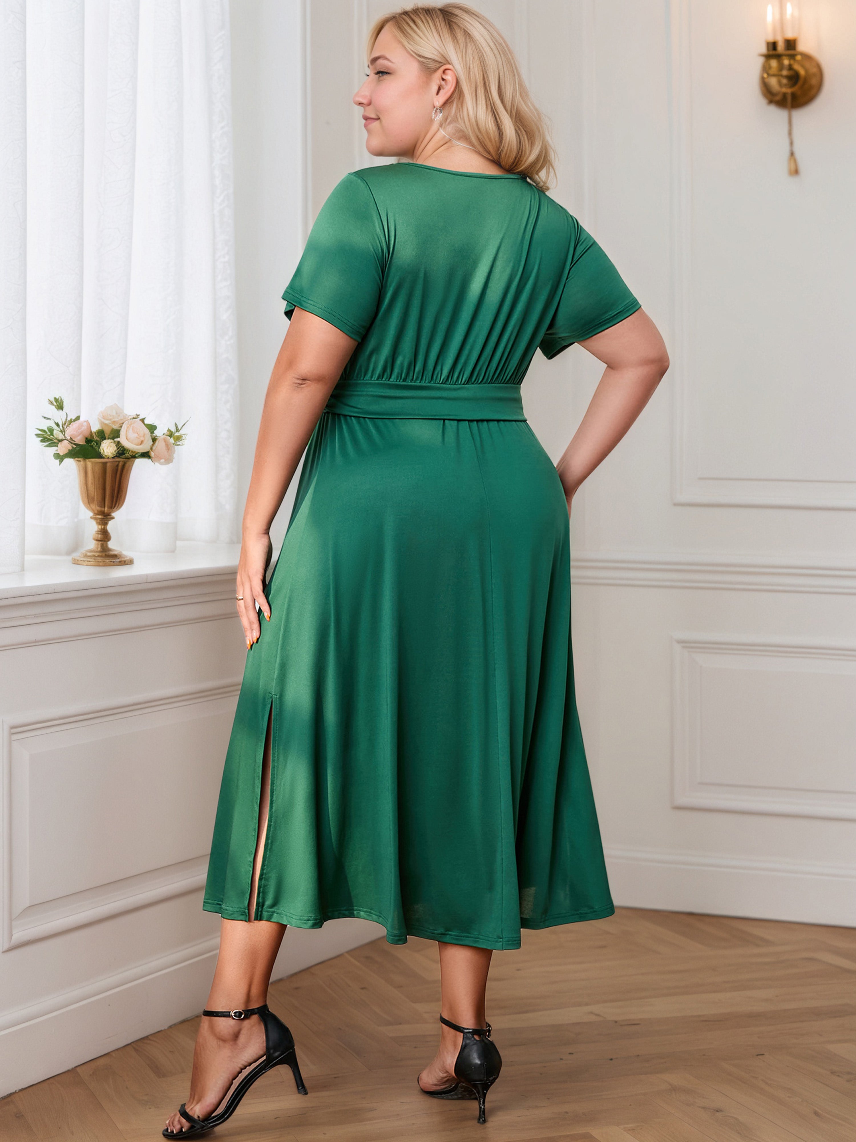 Ruched V-Neck Green Short Sleeves Ankle-Length Plus Size Dress