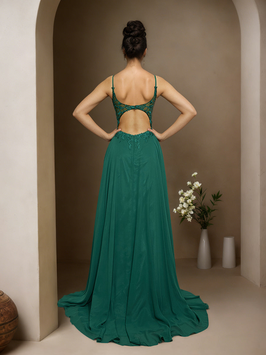 Cicinia Dark Green Prom Dresses Chiffon Appliques Lace A-Line Spaghetti Straps Sweep Train Party Dress