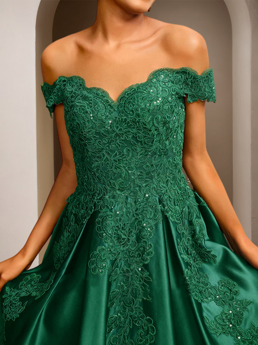 Cicinia Dark GreenProm Dresses Satin Appliques Lace A-Line Off The Shoulder Long Evening Gowns