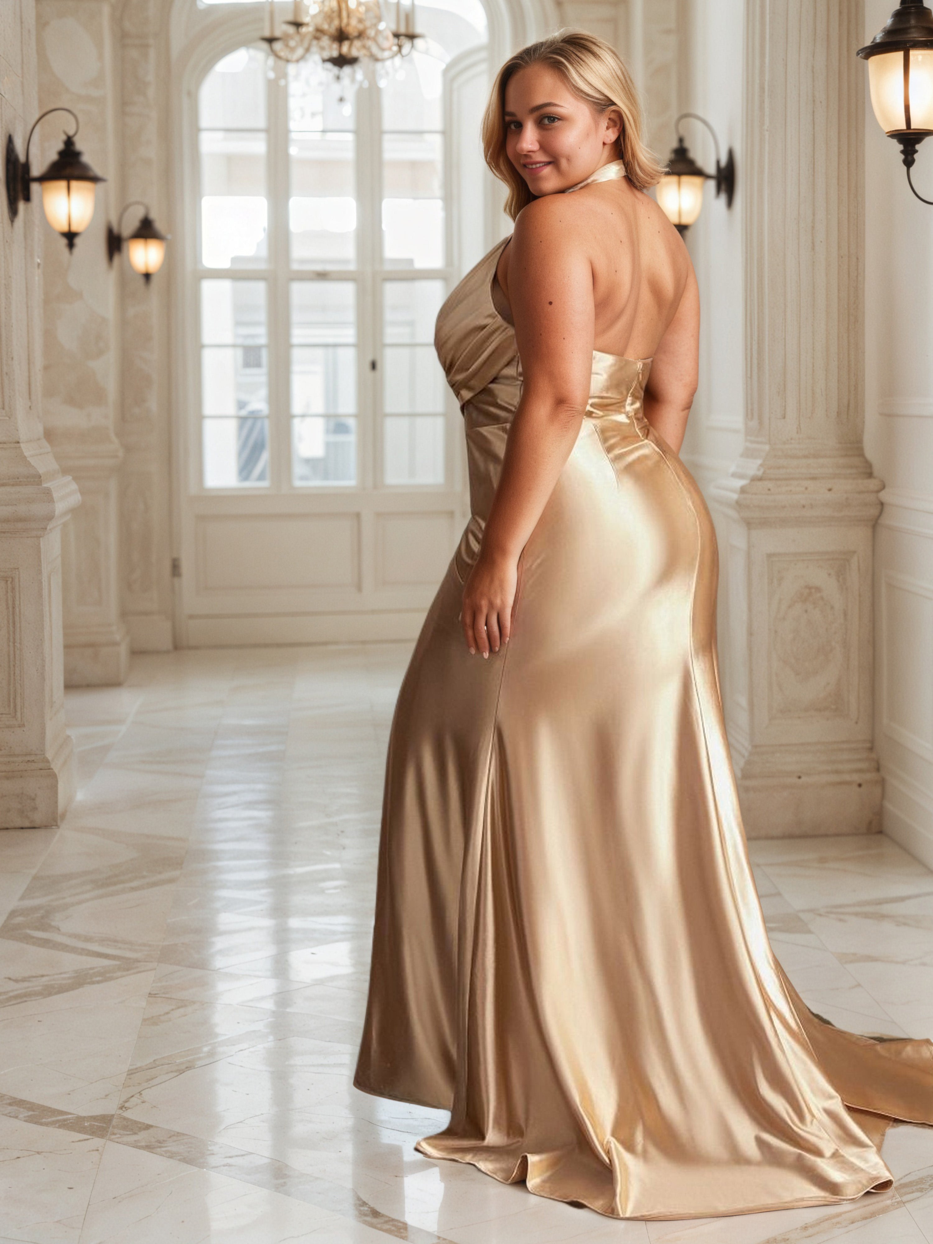 V-Neck Sheath Champagne Pleats Soft Satin Plus Size Dress with High Split