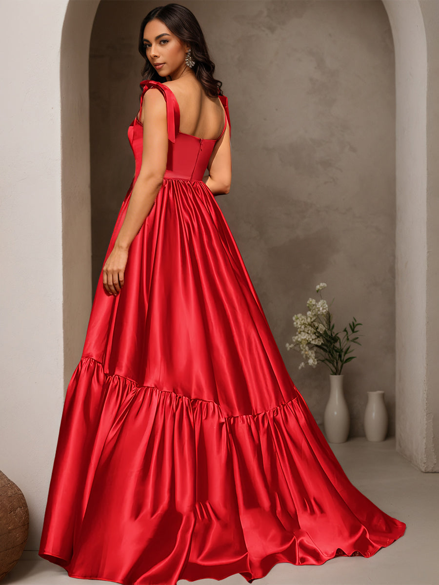 Cicinia Red Prom Dresses Soft Satin A-Line Straps Sweetheart Sweep Train Gowns