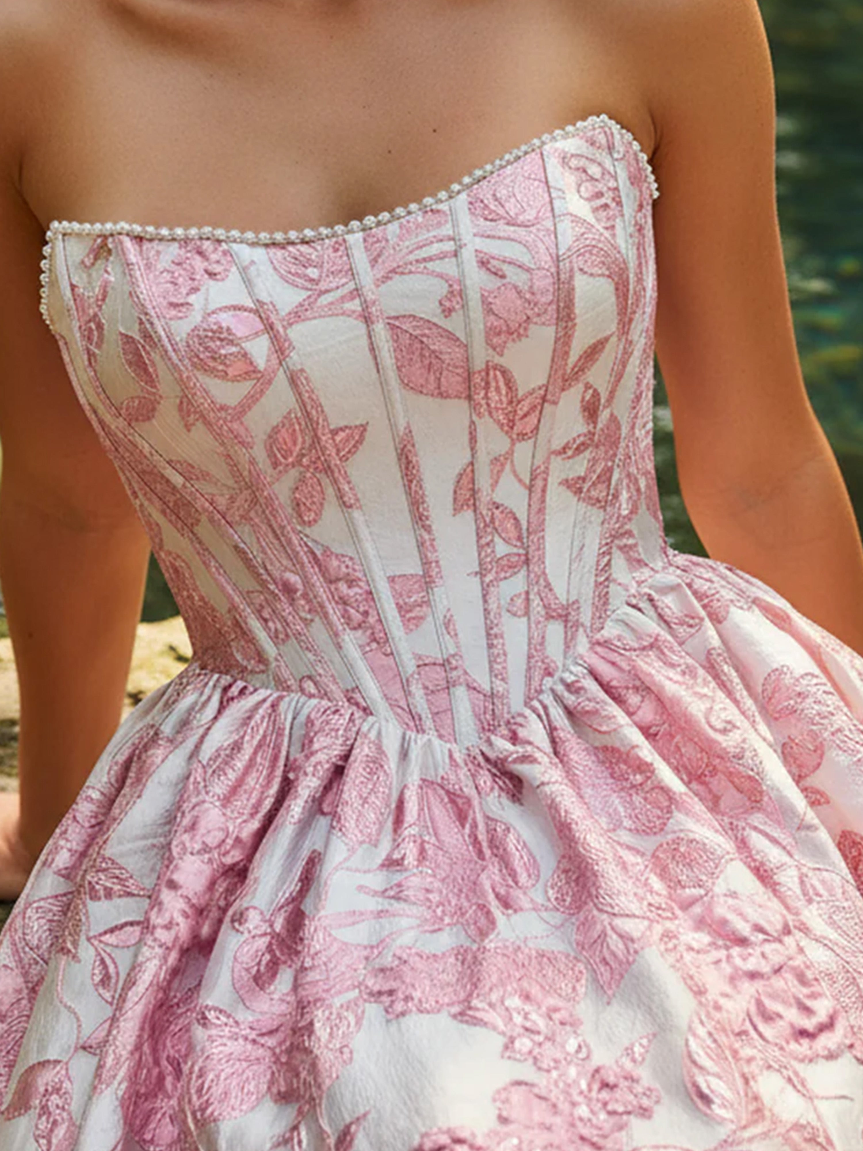 Cicinia Pearl Pink Prom Dresses A-Line Embossed Jacquard Strapless Gorgeous Evening Gowns