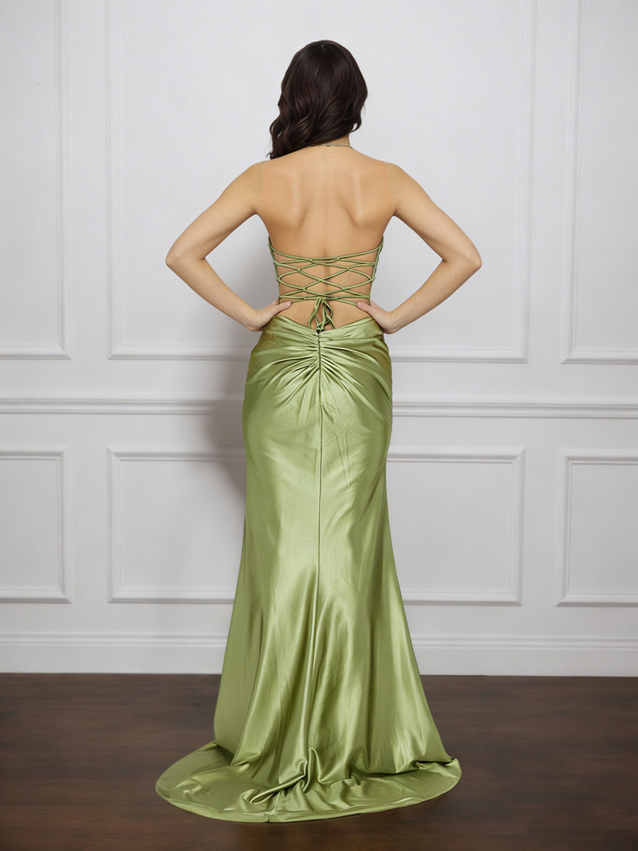 Cicinia Dusty Sage Prom Dresses Soft Satin Slit Strapless Pleats Sheath Evening Gown