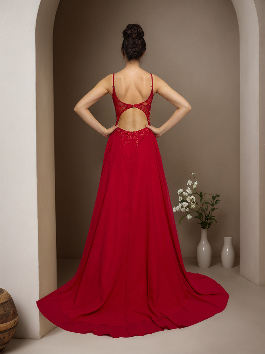 Cicinia Red Prom Dresses Chiffon Appliques Lace A-Line Spaghetti Straps Sweep Train Party Dress