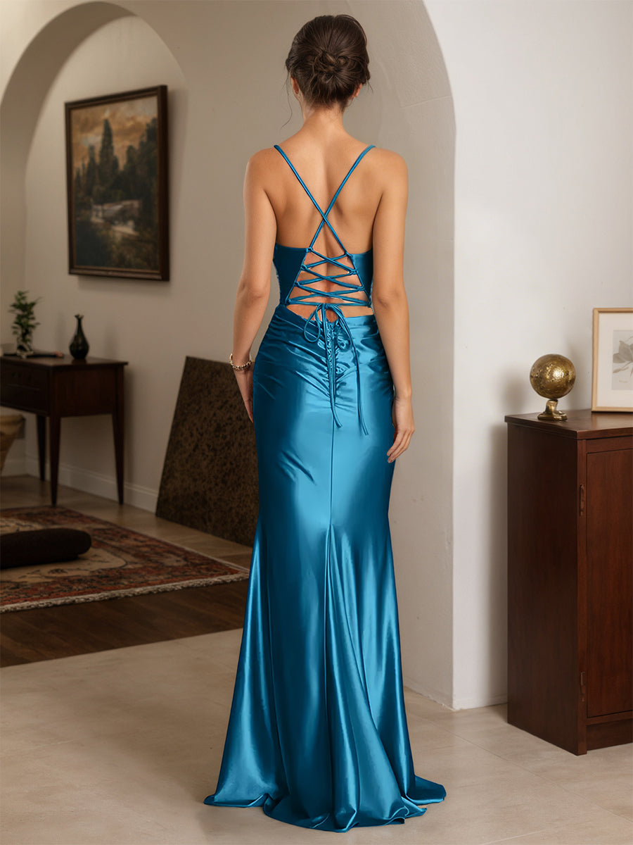Cicinia Blue Prom Dresses Stretch Satin Sheath Spaghetti Straps Chic Long Evening Gown