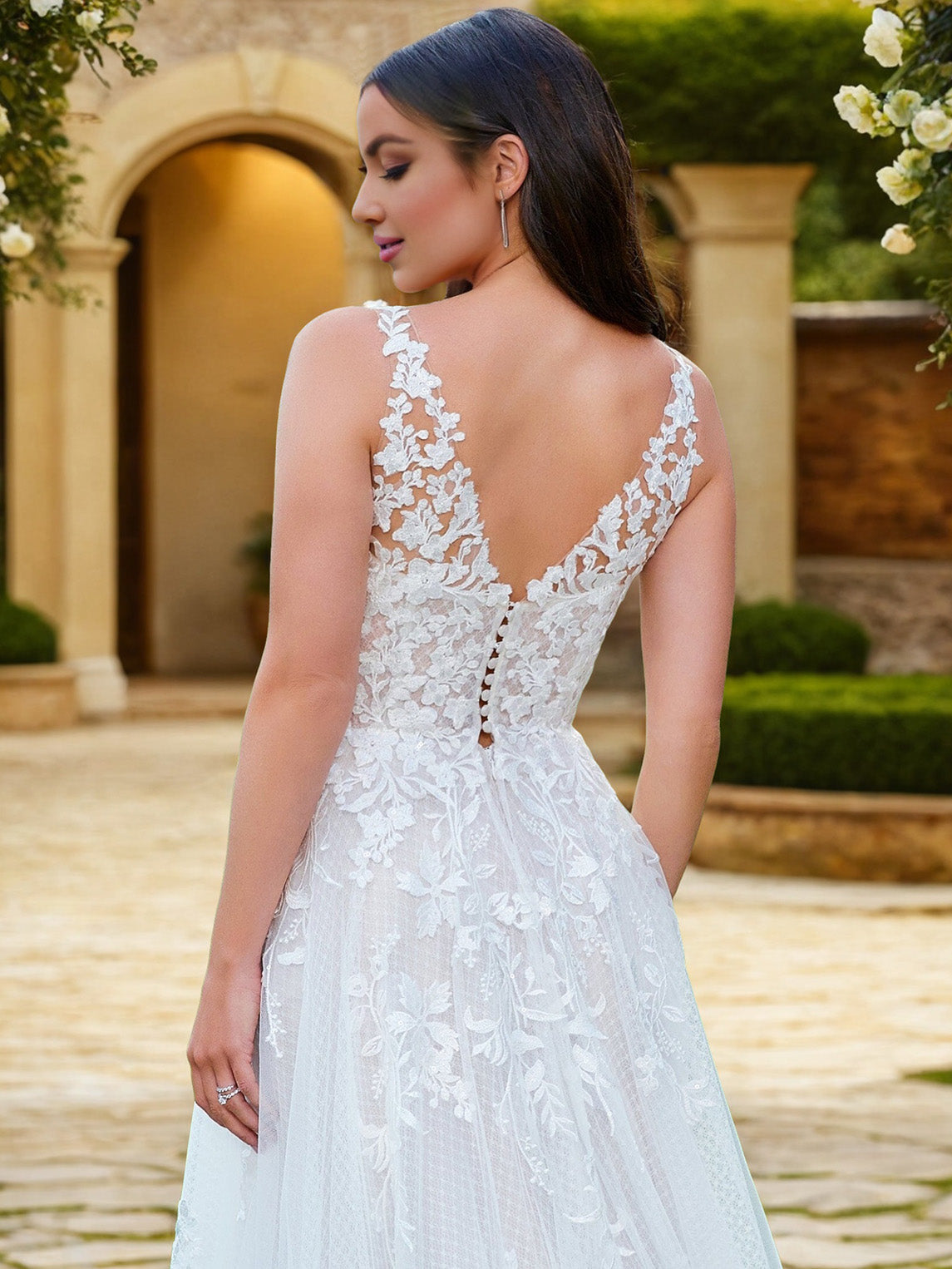 A Line V Neck Lace Sleeveless Tulle Sweep/Brush Train Wedding Dress