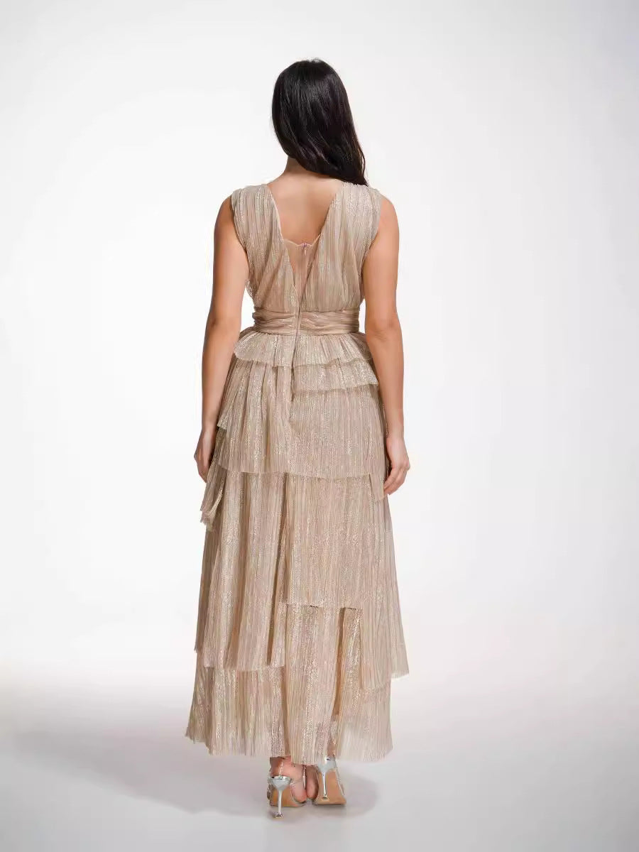 V-Neck Sleeveless Gold Layers High Waist Slim Shiny Long Prom Dress