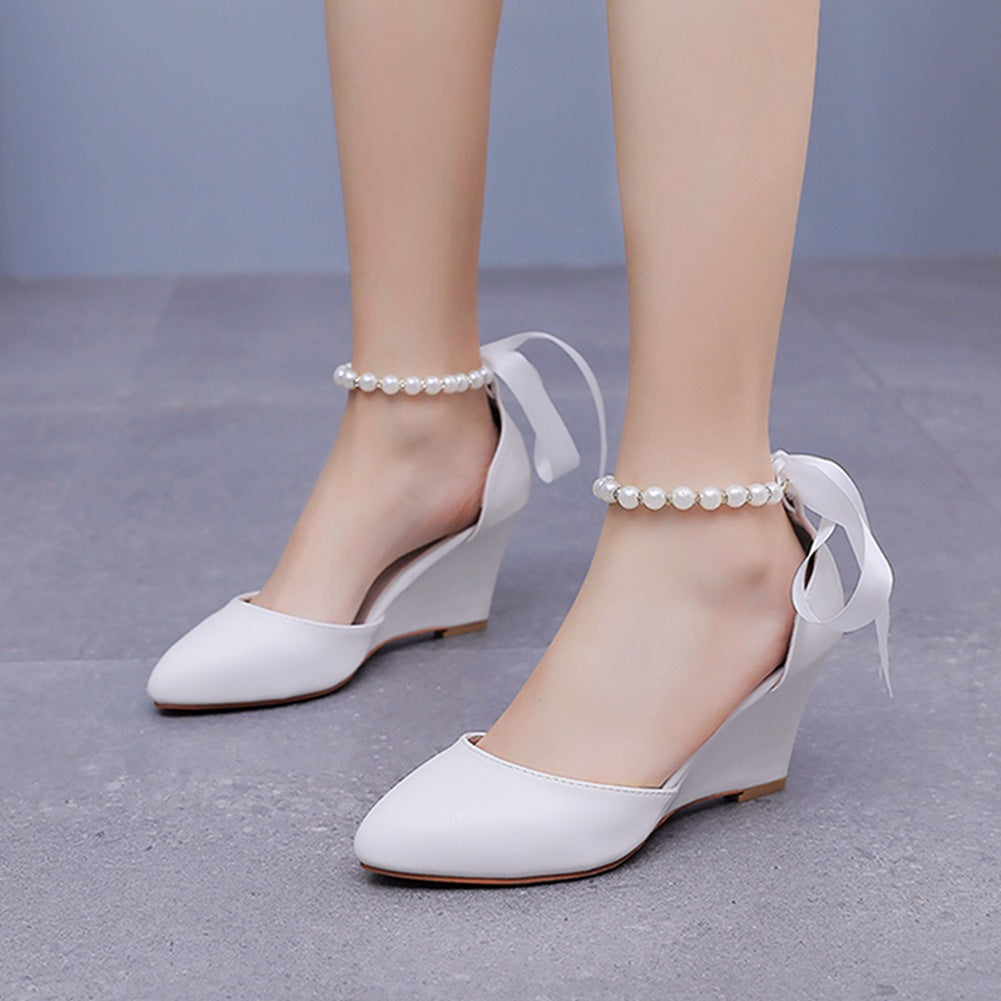 Chunky Heels Ribbons Pointed Toe Women's Wedding Shoes