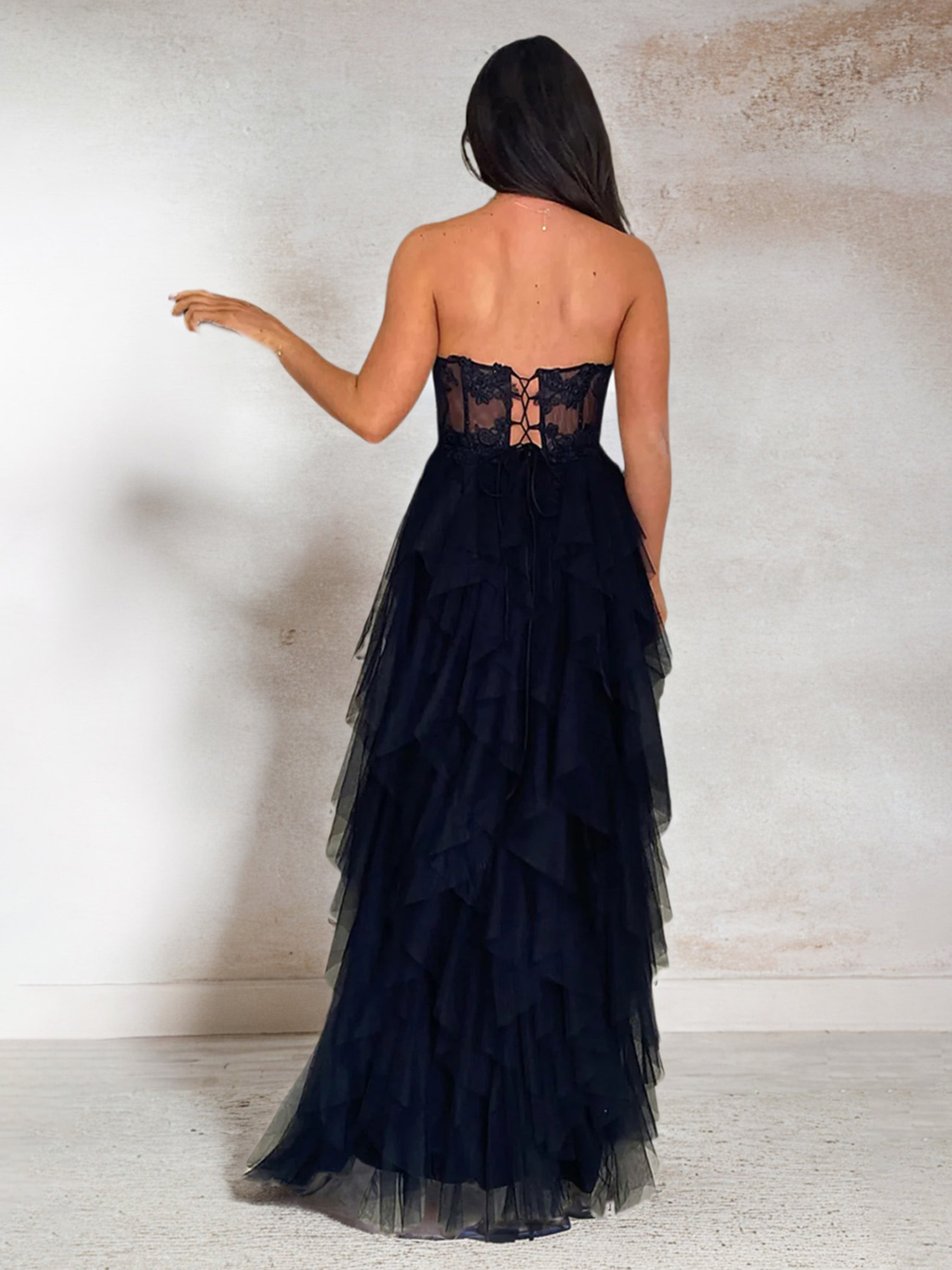 Black Maxi Prom Dress A Line Strapless Lace Top Tulle Puffy Prom Dress With Slit