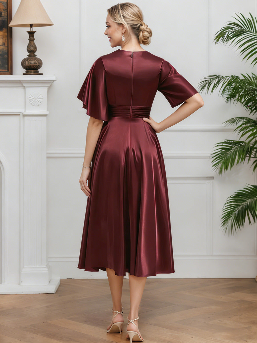 Cicinia Cabernet Mother Of The Bride Dresses Soft Satin Short Sleeves V-Neck A-Line Tea Length