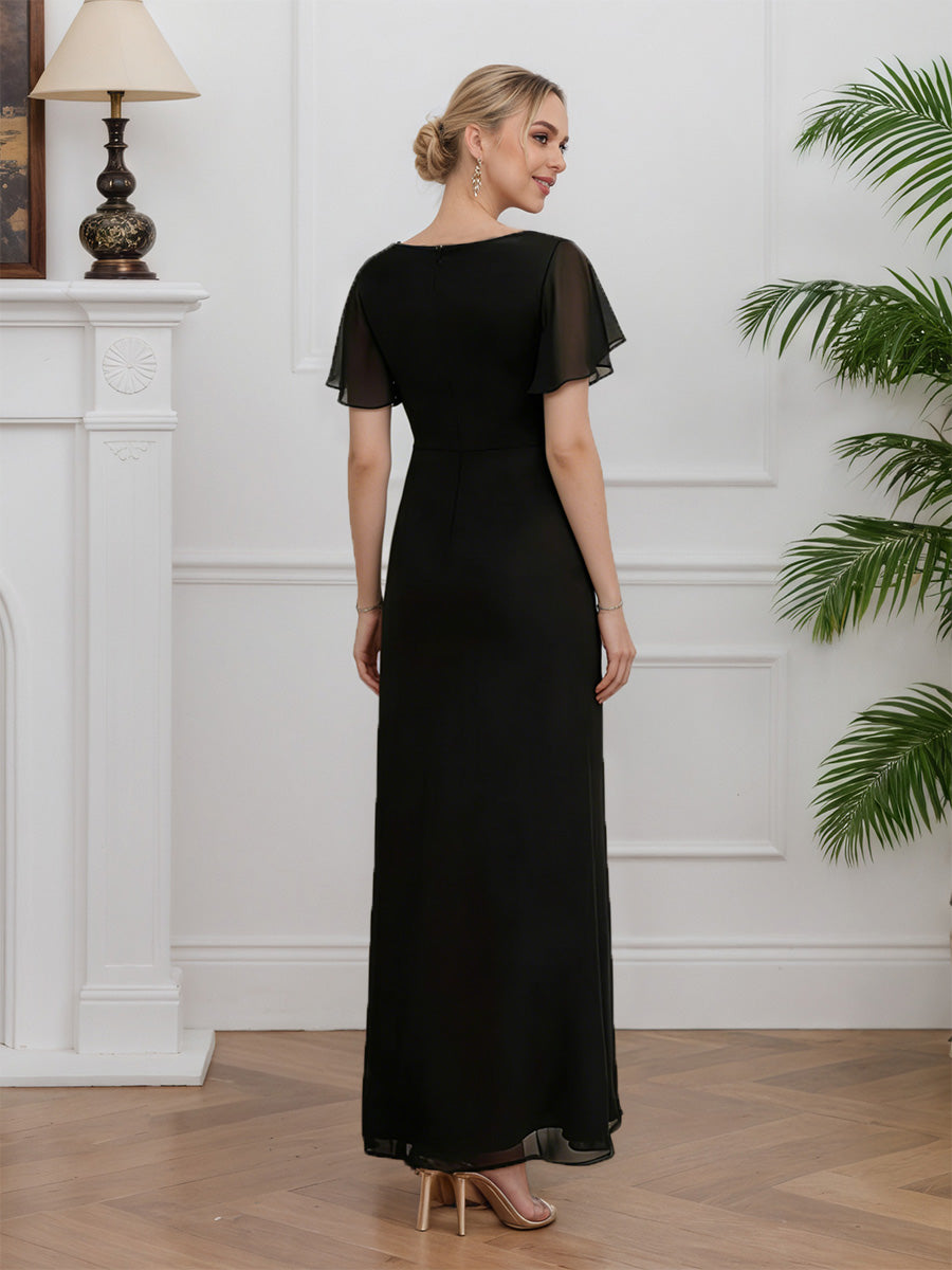 Cicinia Black Mother Of The Bride Dresses Chiffon Jewel Sheath Short Sleeves Floor Length