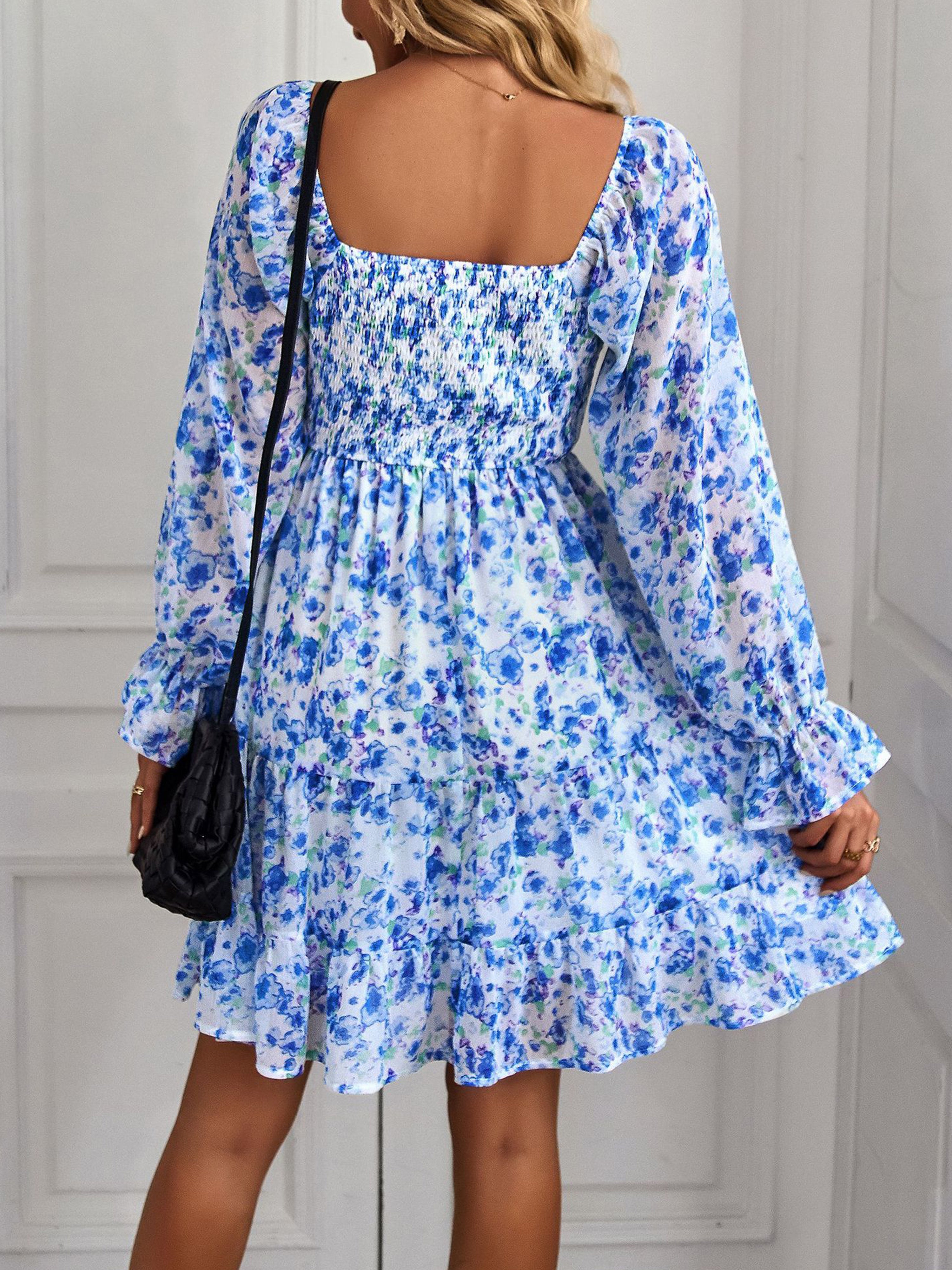 Off The Shoulder Sleeves U Neck Floral Wedding Guest Dress In Blue