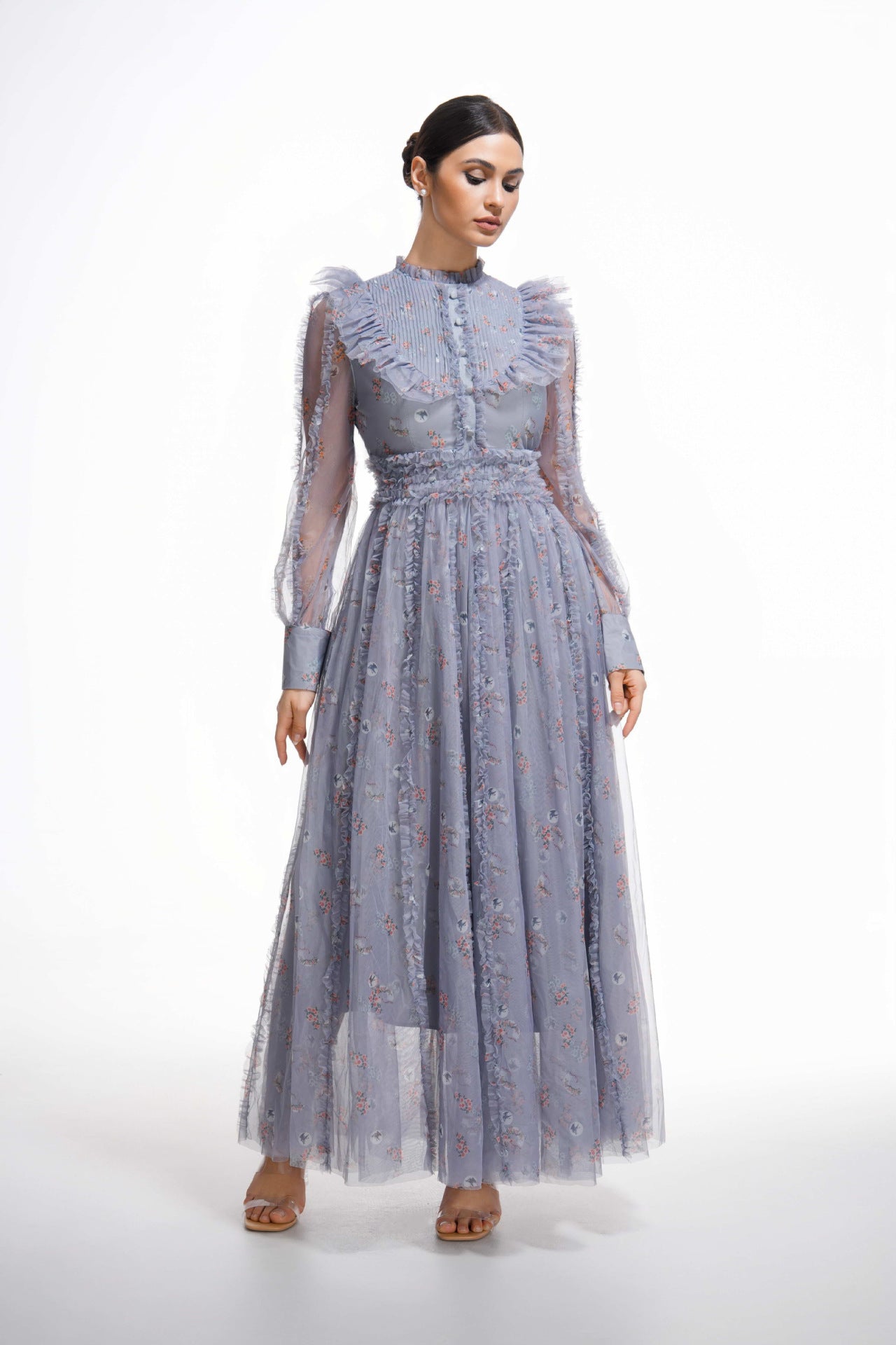 Elegant Gray Ruffled Long Sleeve Floral Maxi Prom Dress
