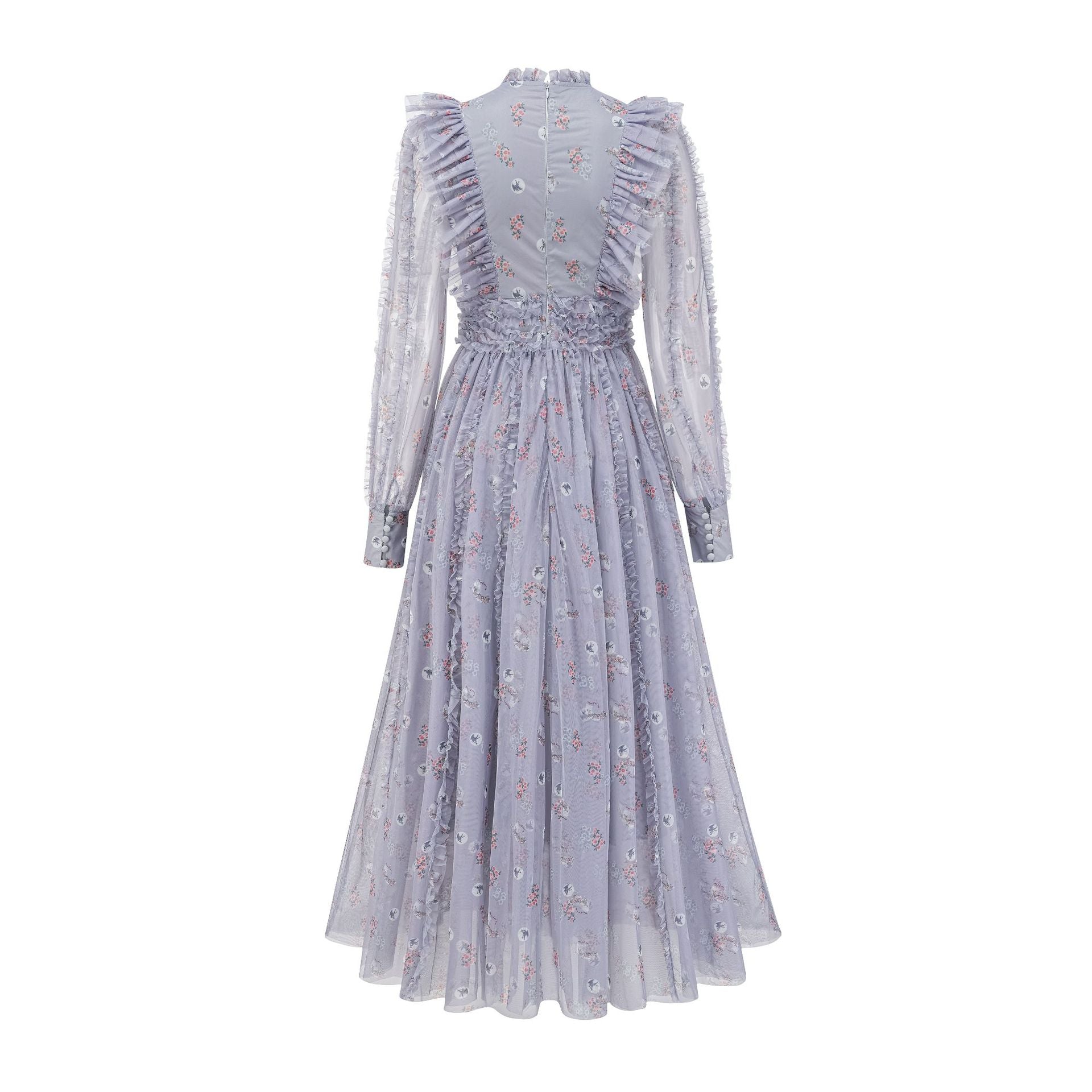 Elegant Gray Ruffled Long Sleeve Floral Maxi Prom Dress