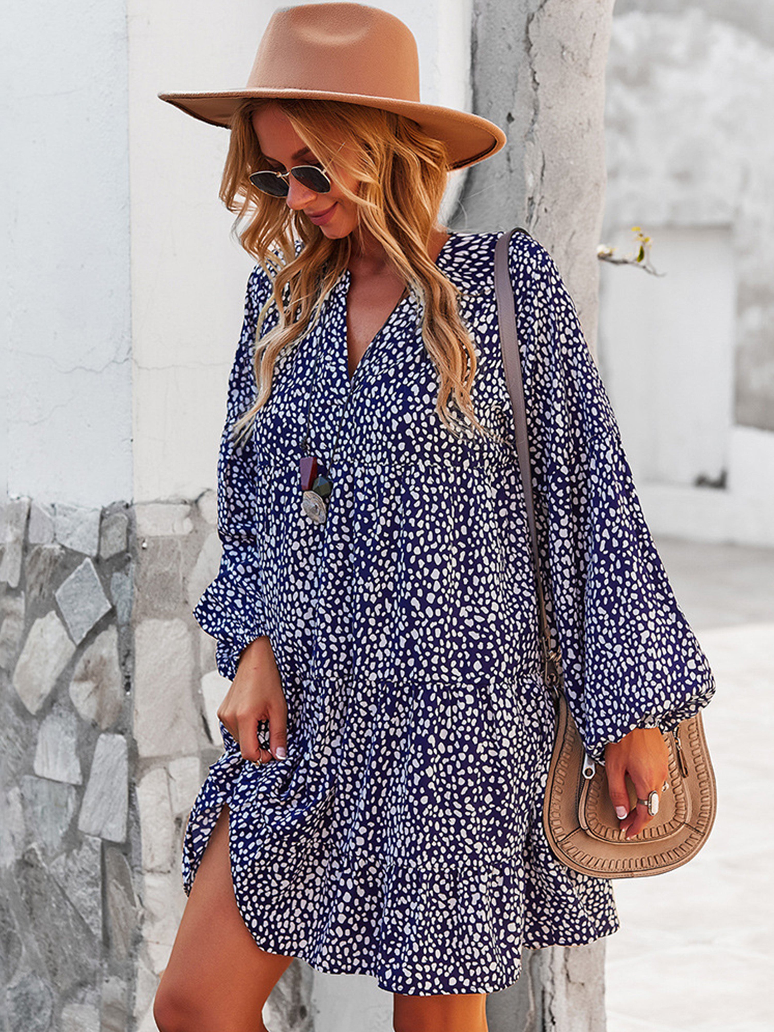 A Line Long Sleeves Dark Navy Leopard Print Wedding Guest Dress