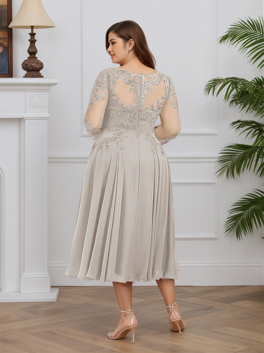 Cicinia Silver Mother Of The Bride Dresses Chiffon Lace A-Line Jewel Sleeves Tea Length Plus Size