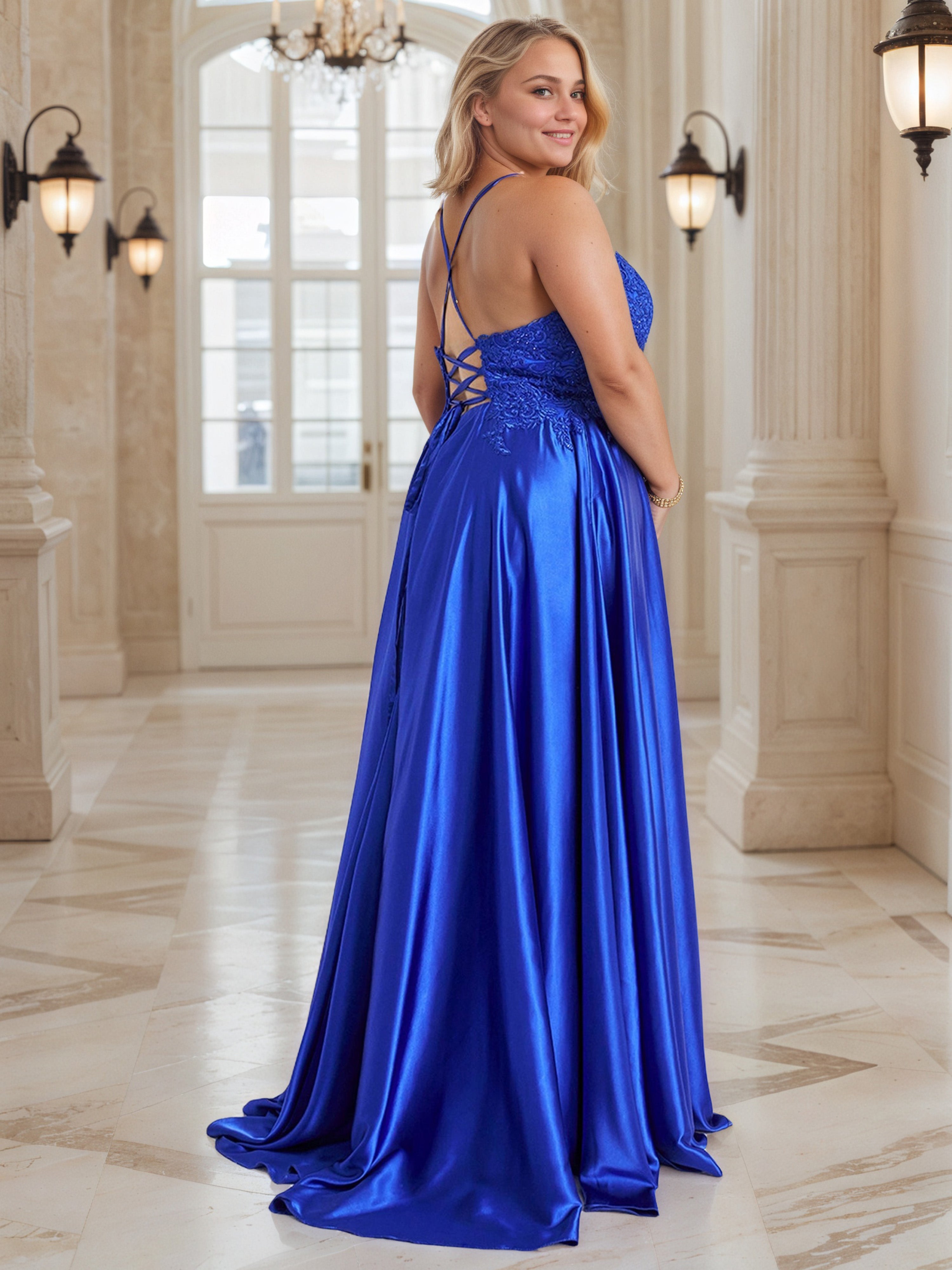 Royal Blue Lace Appliques Spaghetti Straps V-Neck Prom Dress Sleeveless Long Plus Size Dress