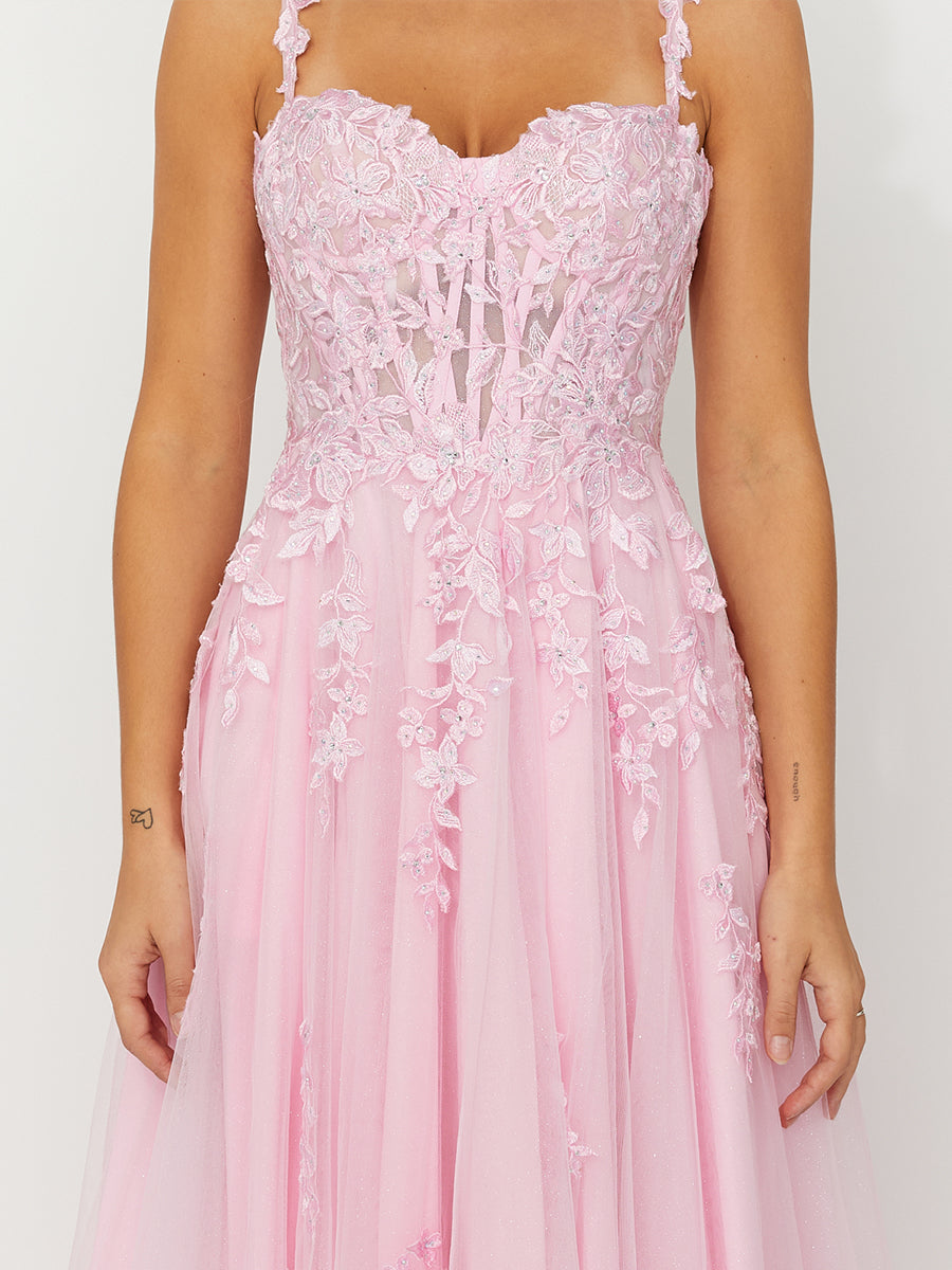 Cicinia Blushing Pink Prom Dresses Lace Appliques Tulle Sweetheart A-Line Long Evening Gown
