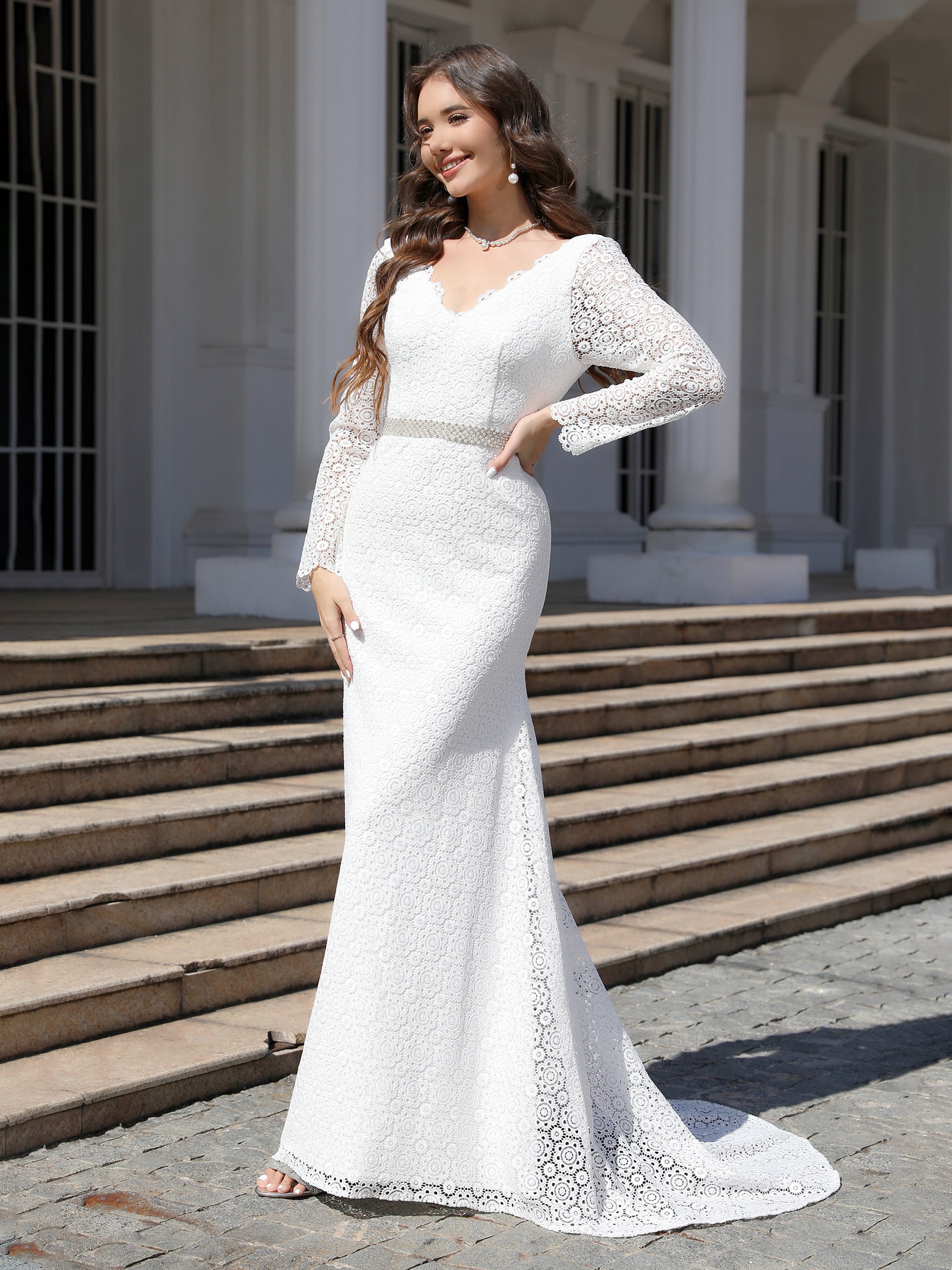 Sweep/Brush Train Long Sleeves Lace Sheath/Column Wedding Dress With Beading