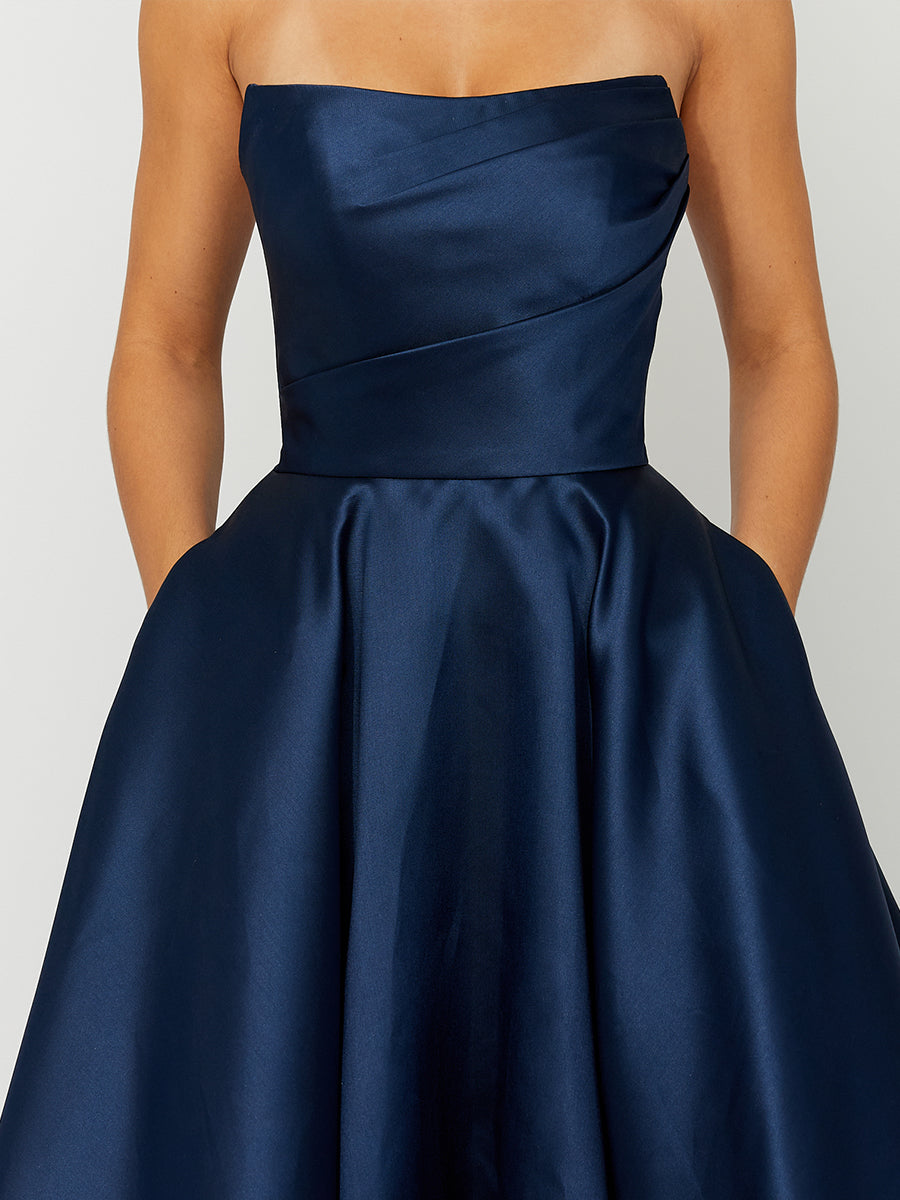 Cicinia Dark Navy Prom Dresses Satin A-Line Floor Length Strapless Evening Gown