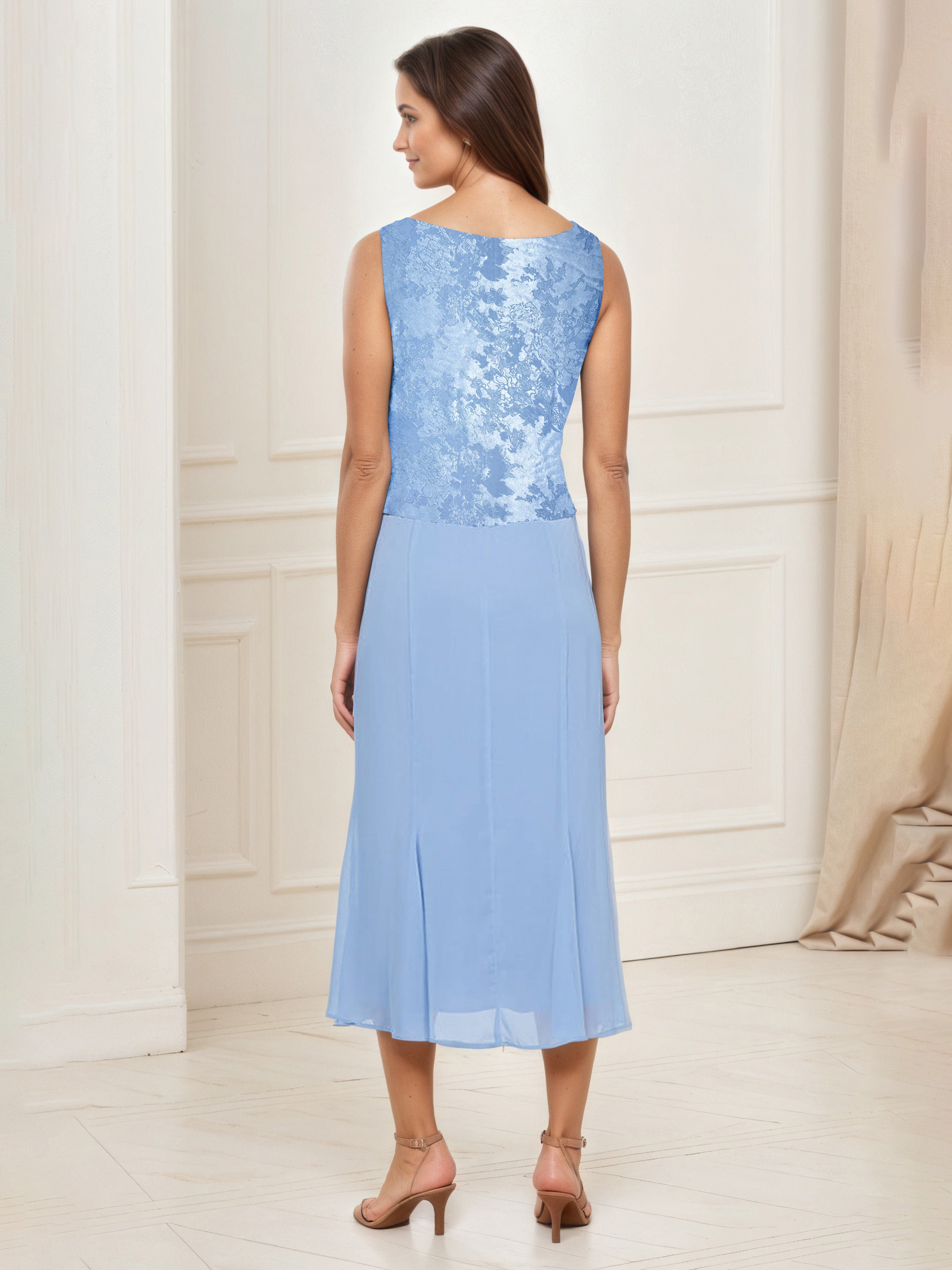 Square Neck Sheath Sequins Tea Length Mother Of The Bride Dress with Jacket