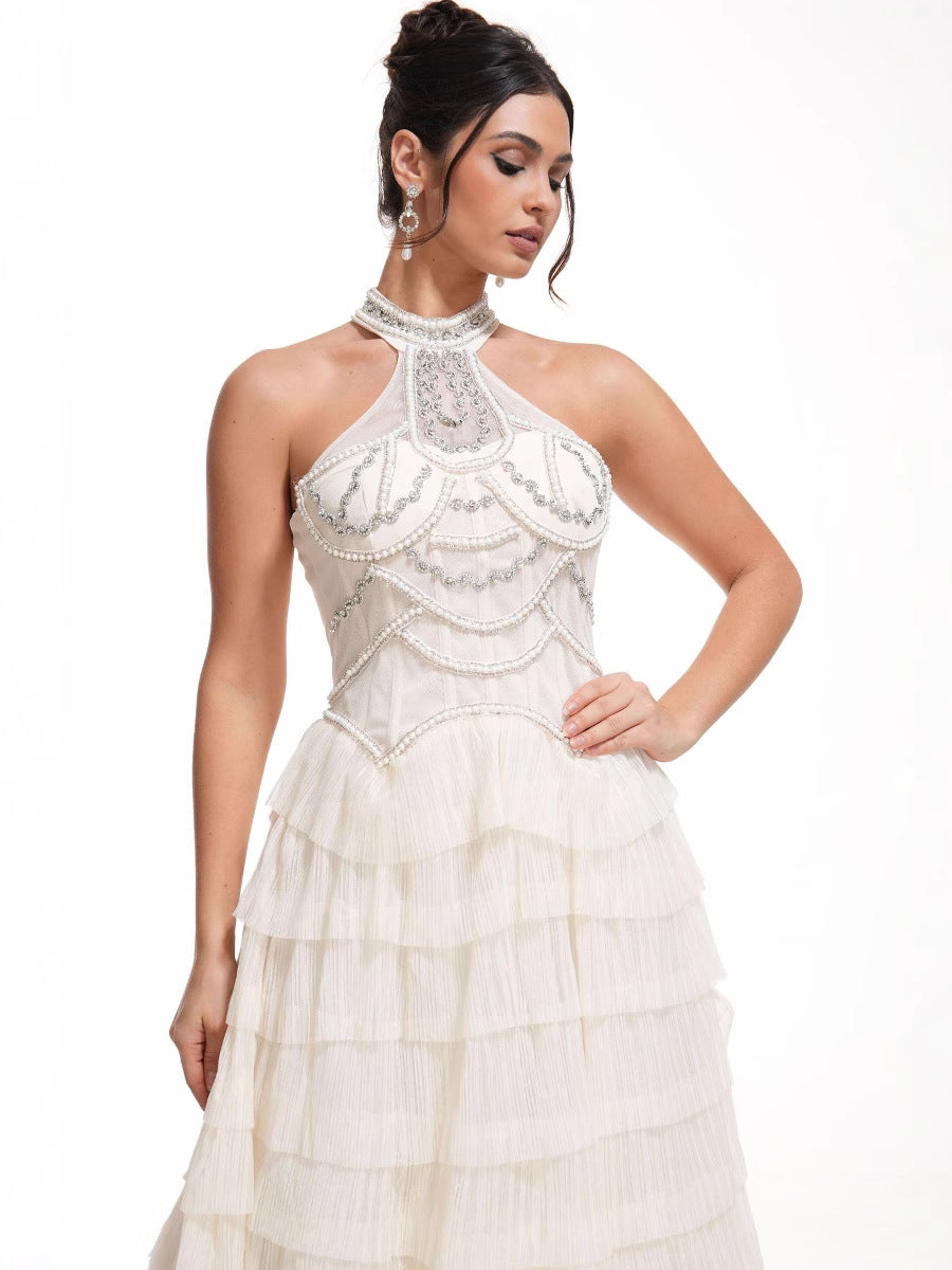 Halter Sleeveless Back Zip Apricot Layers Beading Long Prom Dress