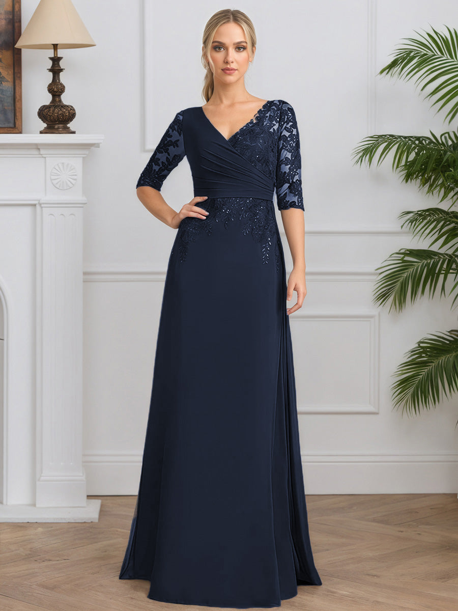Cicinia Dark Navy Mother Of The Bride Dresses Chiffon Lace V-Neck Half Sleeves Long A-Line