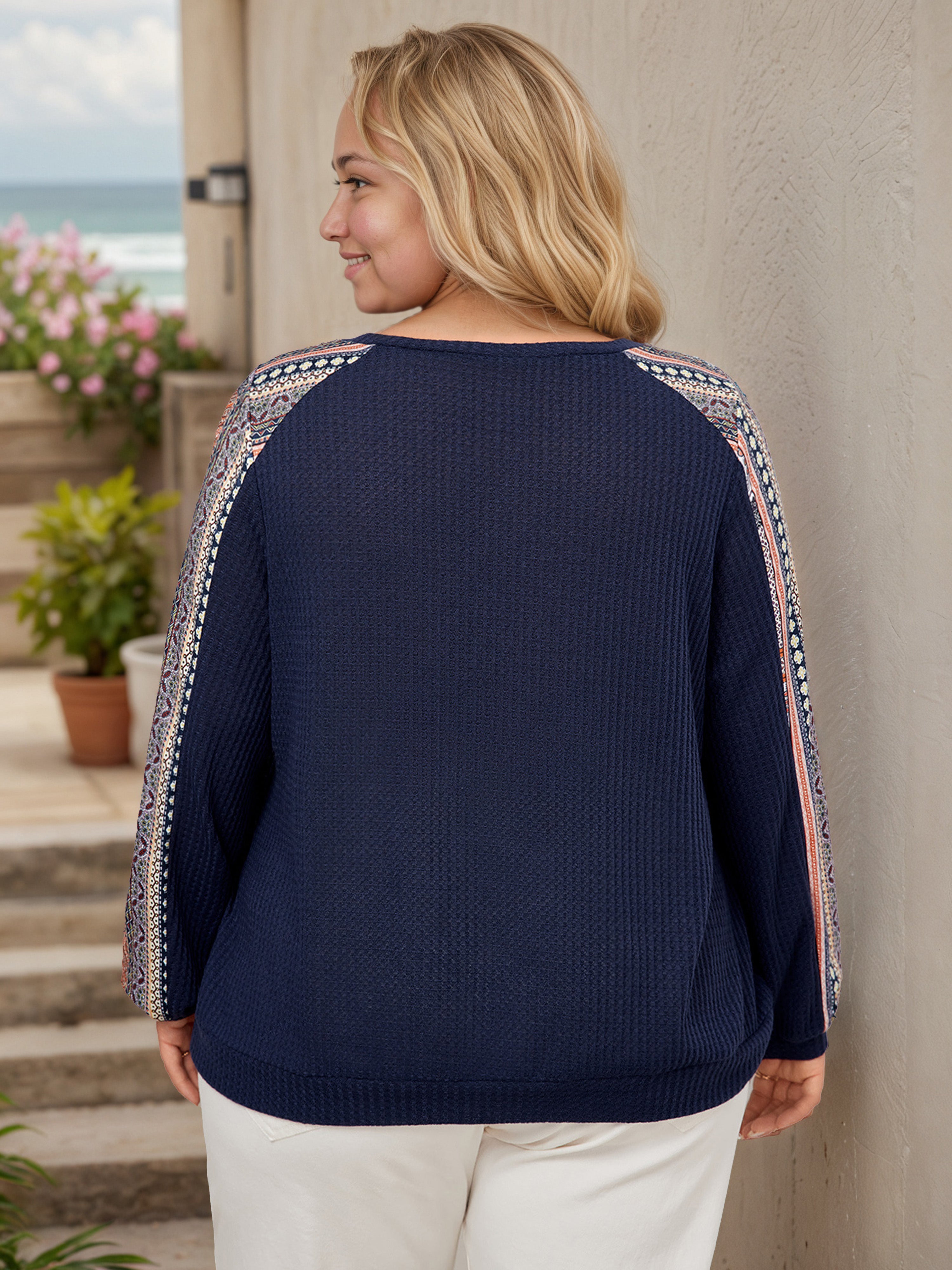 Plus Dark Navy Printed Crew Neck Ribbed Knit Sweater Blouse