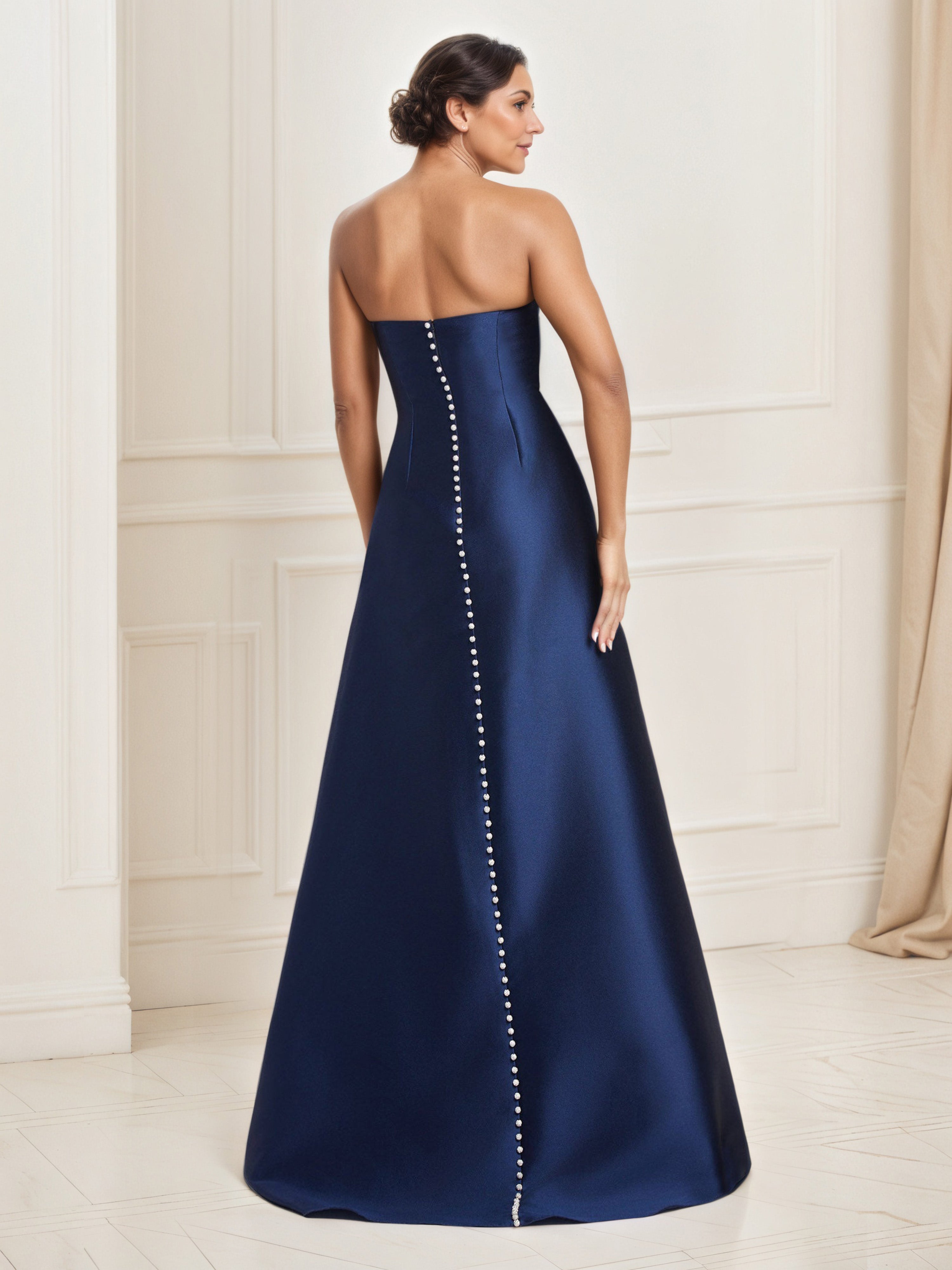 Satin Dark Navy Prom Dress Floor Length A-Line Prom Dress with Strapless Ruffled Accent