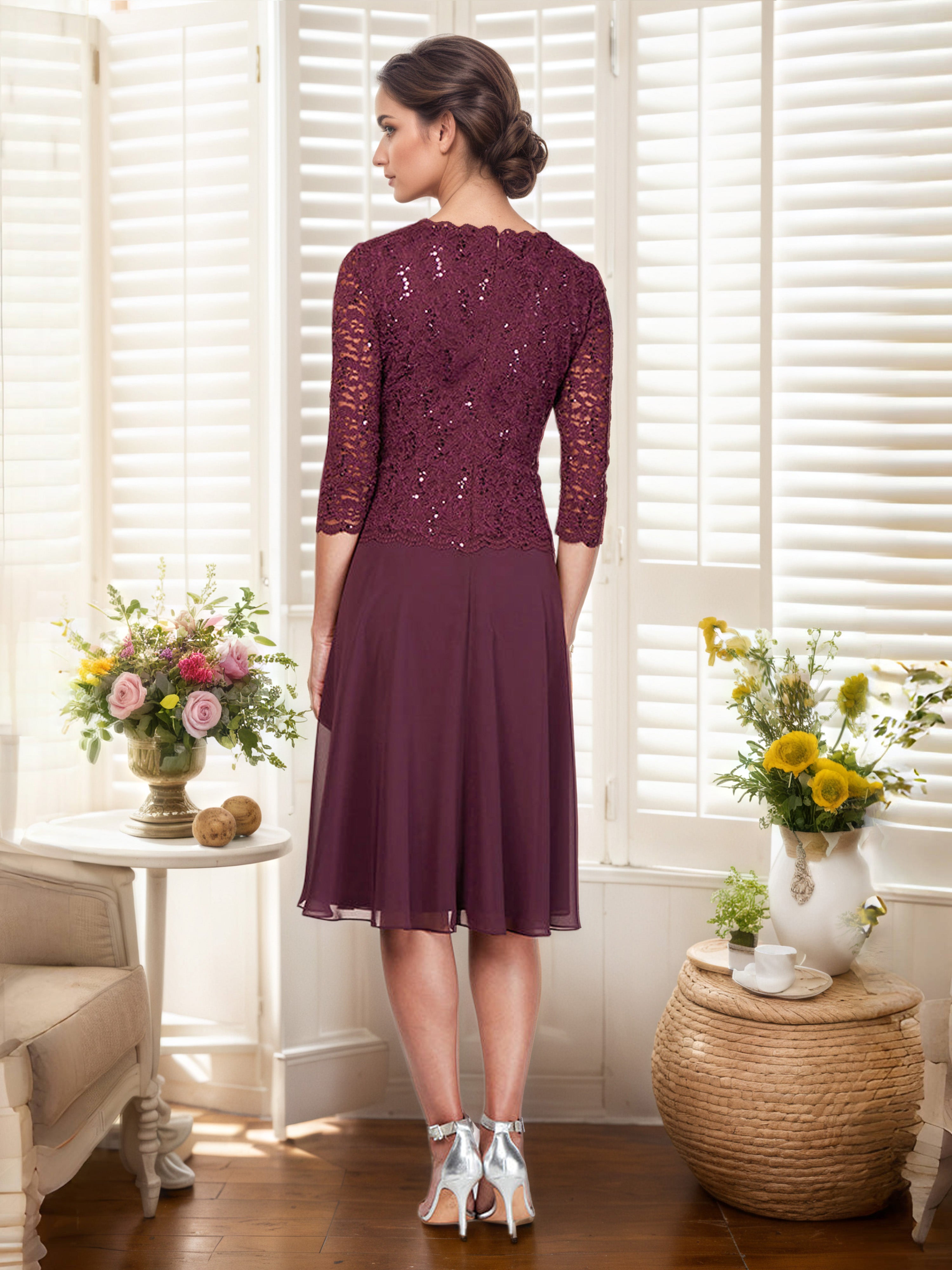 Cabernet Petite Tea-Length Mother Of The Bride Dress with Sequin Lace Bodice & Chiffon Skirt