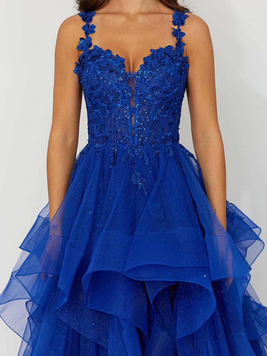 Cicinia Royal Blue Prom Dresses Tulle Lace Appliques Layers A-Line Floor Length Party Gown