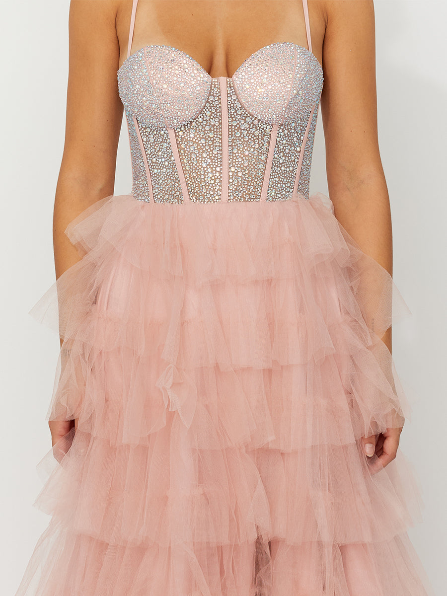 Cicinia Pearl Pink Prom Dresses Tulle Spaghetti Straps Layered Slit Long A-Line Evening Gowns