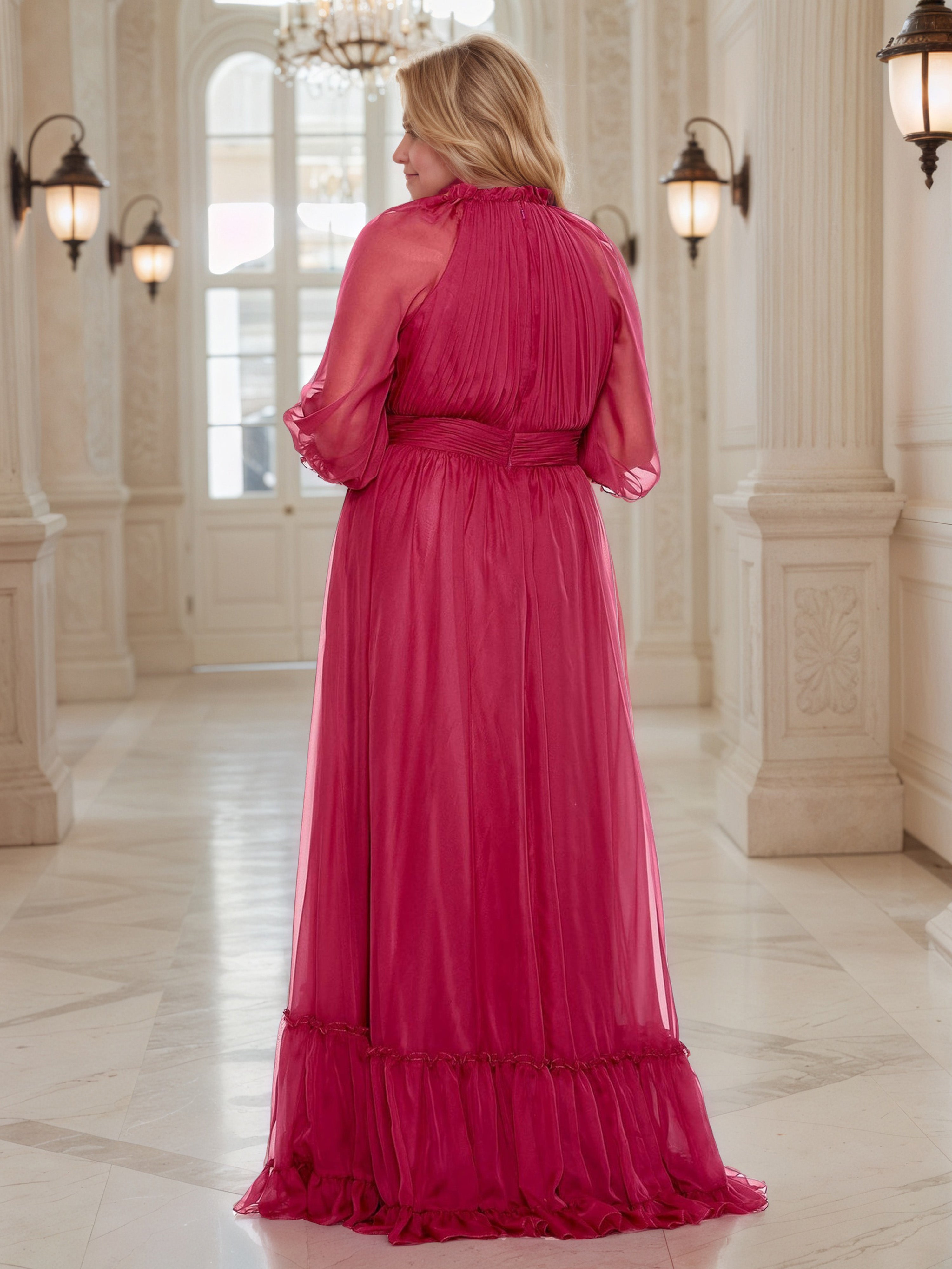 Illusion Long Sleeves Ruffle Jewel Fuchsia Prom Dress Pleats A-Line Plus Size Dress