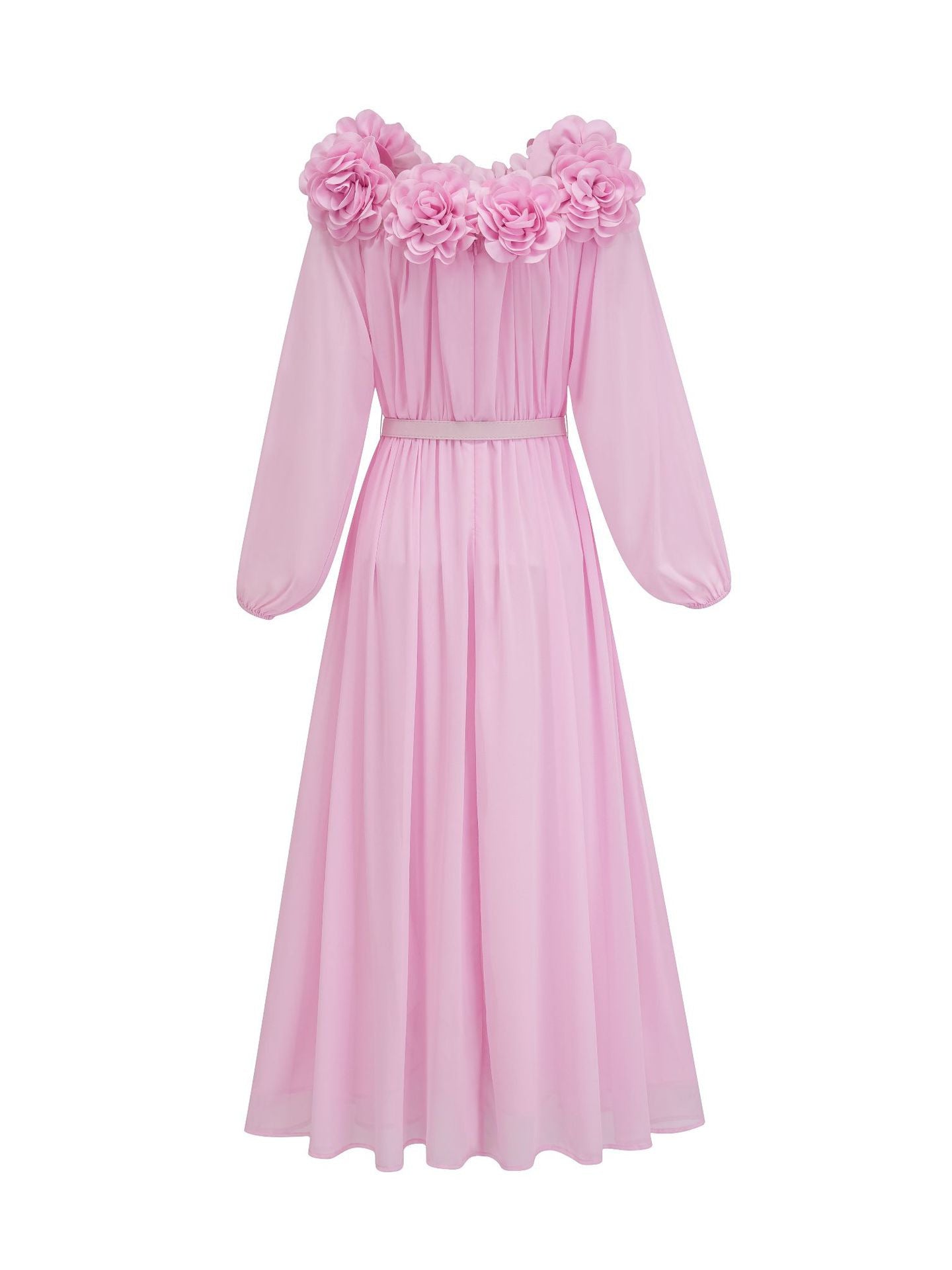 Elegant Pink Ruffle Long Sleeves Prom Dresses With Belt