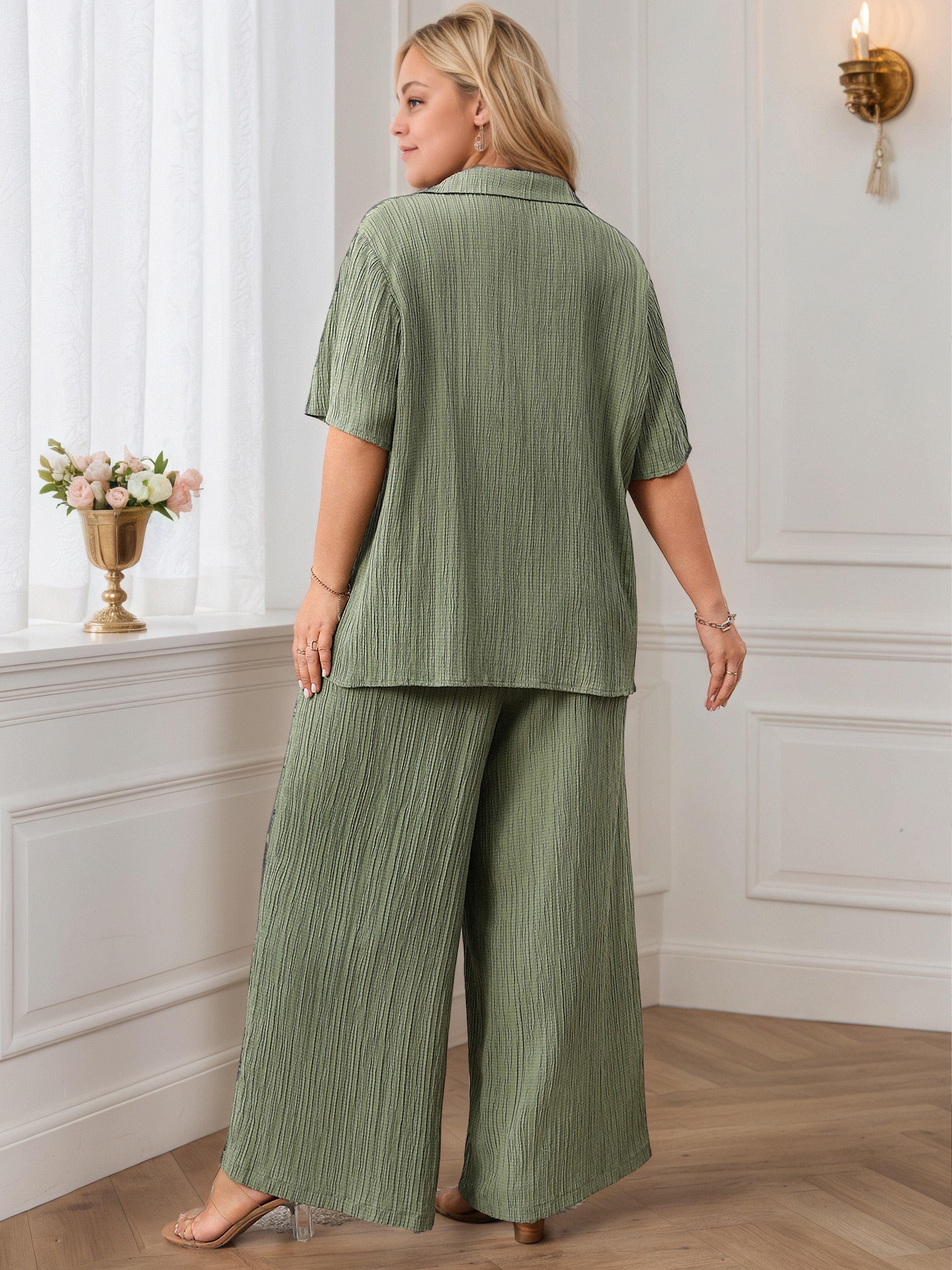 Olive Green Beige Tie Front Half Sleeves Loose Plus Size Suits