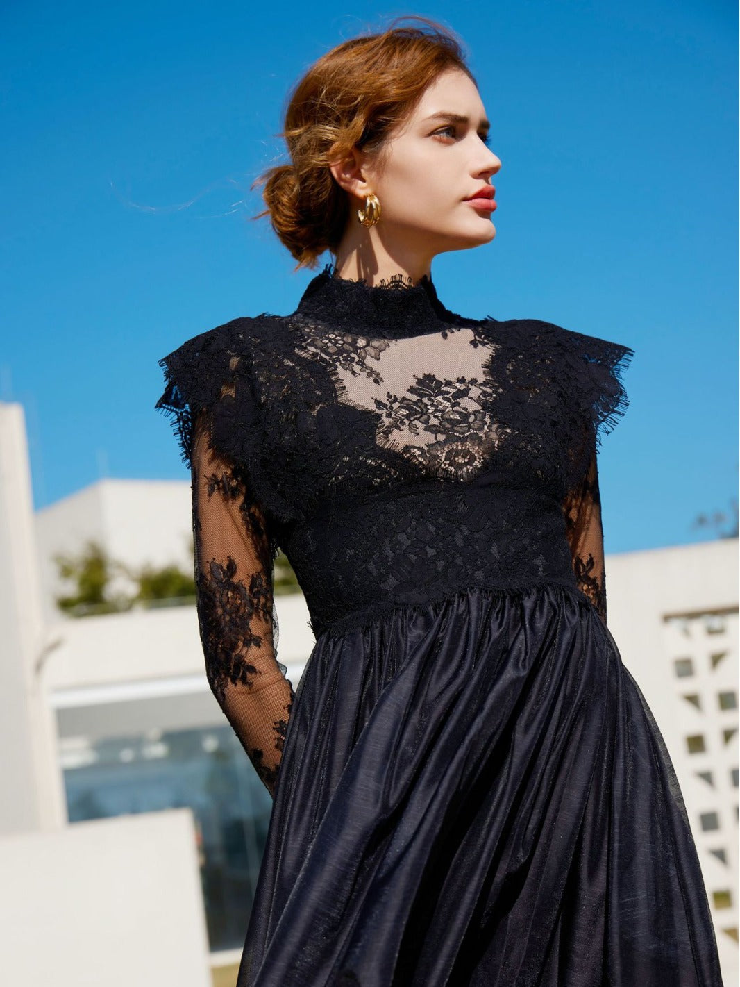 Elegant Lace High Neck Splicing Dress Sweet Long Evening Prom Dress