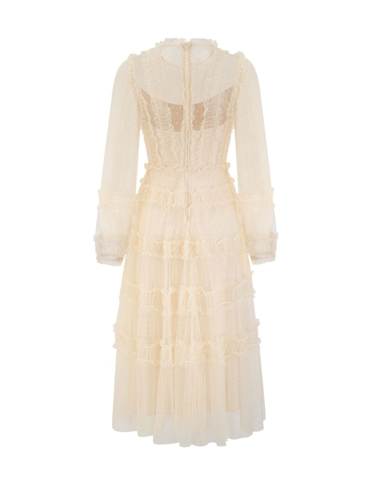 Elegant Long Sleeves Floral Round Neck Apricot Ruffles Long Prom Dress