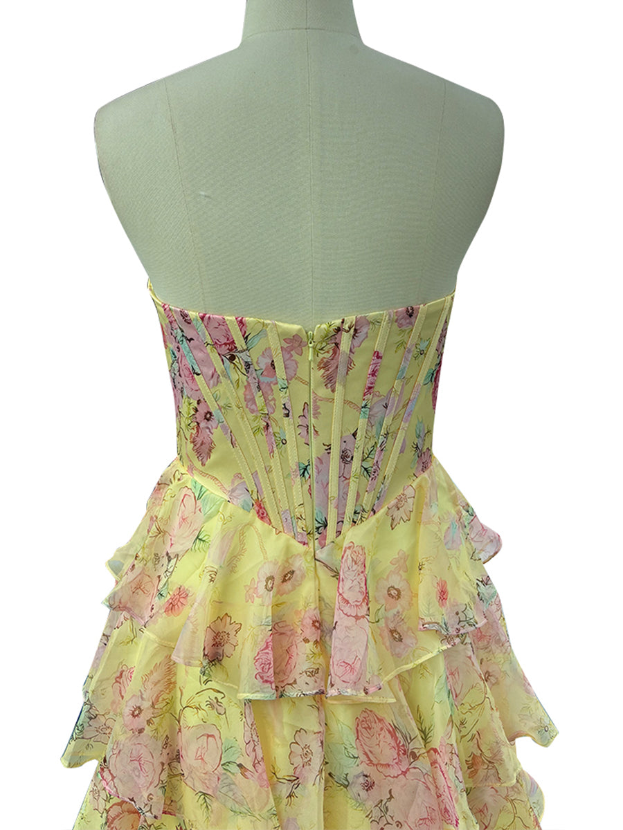 Cicinia Yellow Prom Dress Floral Printed Strapless Layers Sleeveless A-Line Evening Gowns