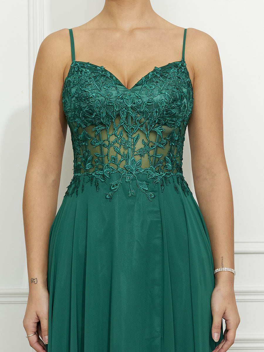 Cicinia Dark Green Prom Dresses Chiffon Appliques Lace A-Line Spaghetti Straps Sweep Train Party Dress