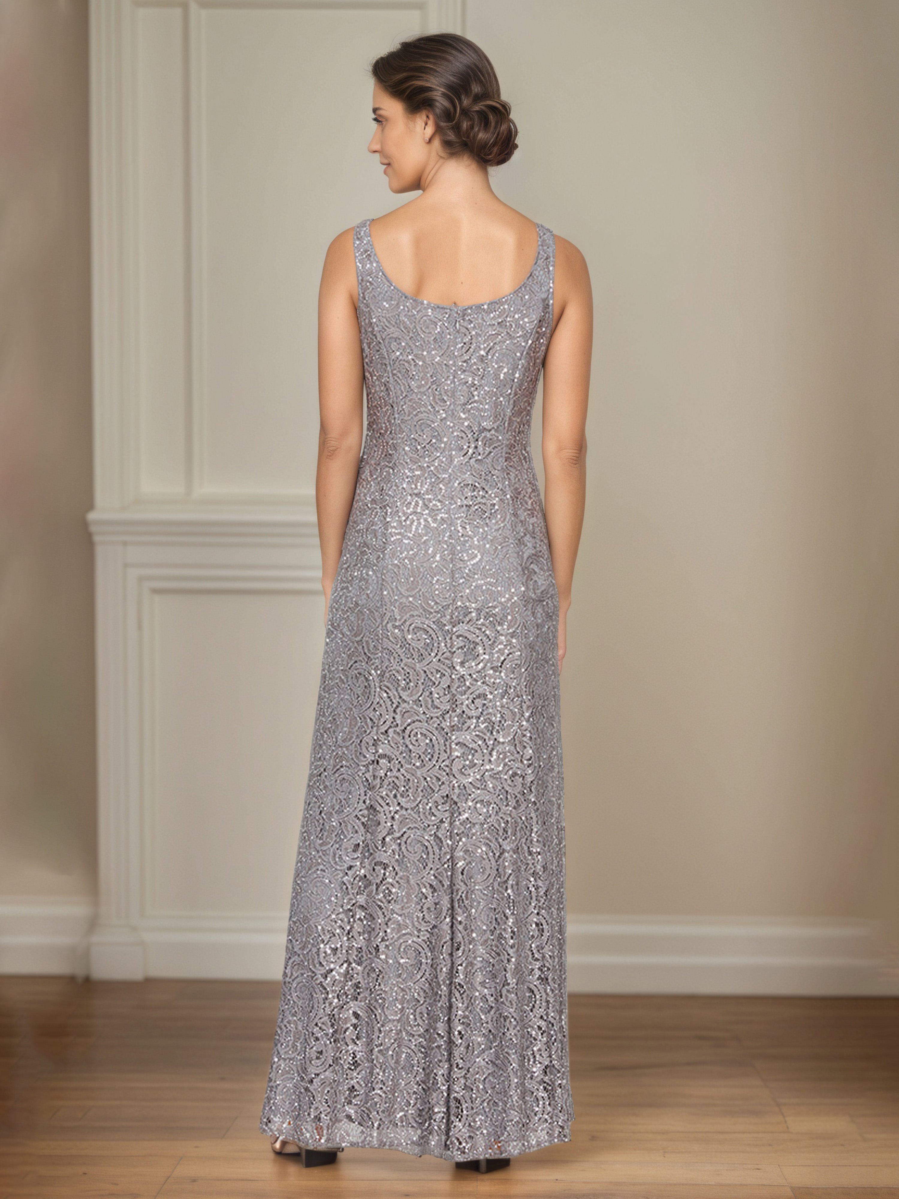 Grey Sequin Lace Long A-Line Mother Of The Bride Dress with 3/4 Sleeve Illusion Jacket
