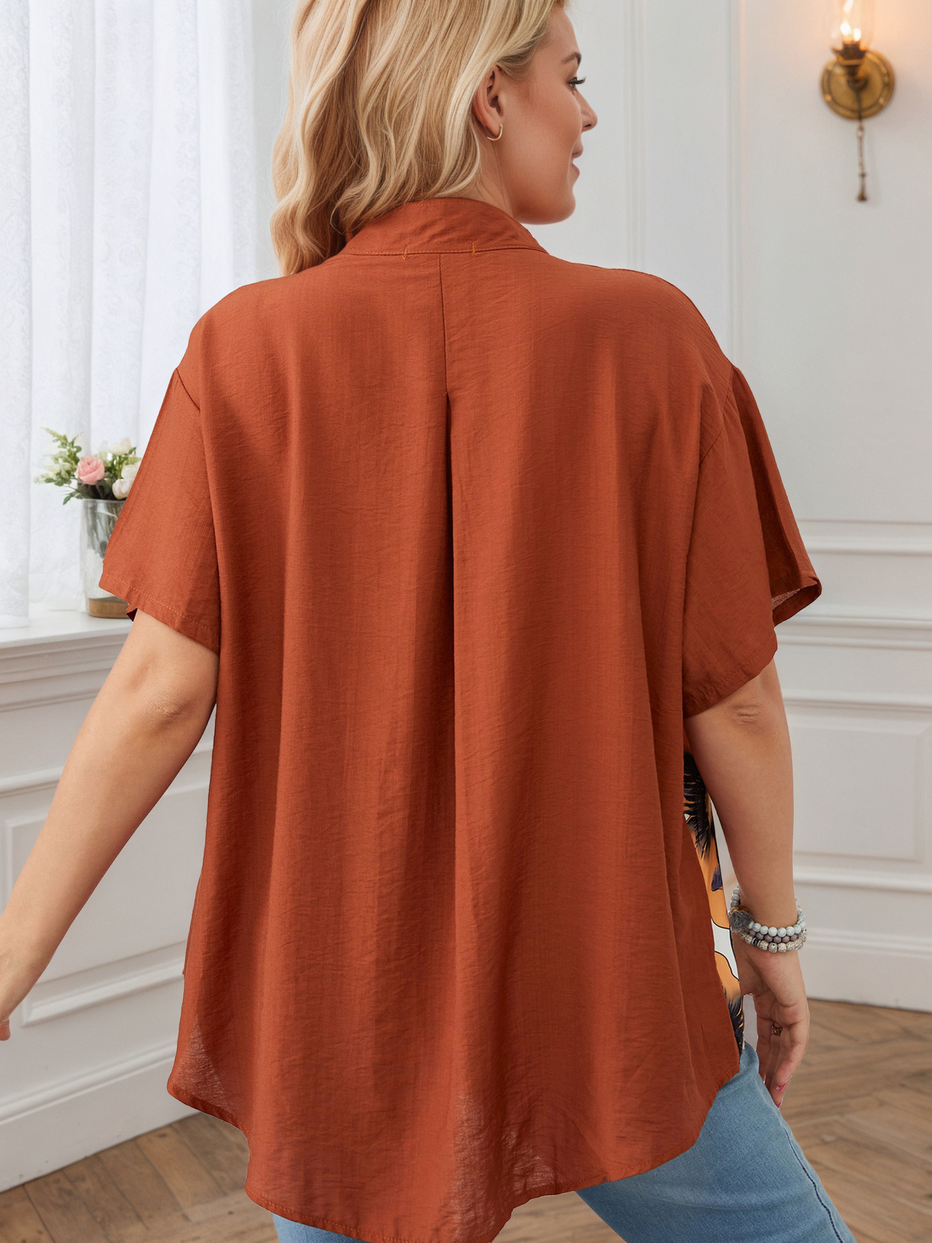 Plus Contrast Printed Plain Patchwork Rust Blouse
