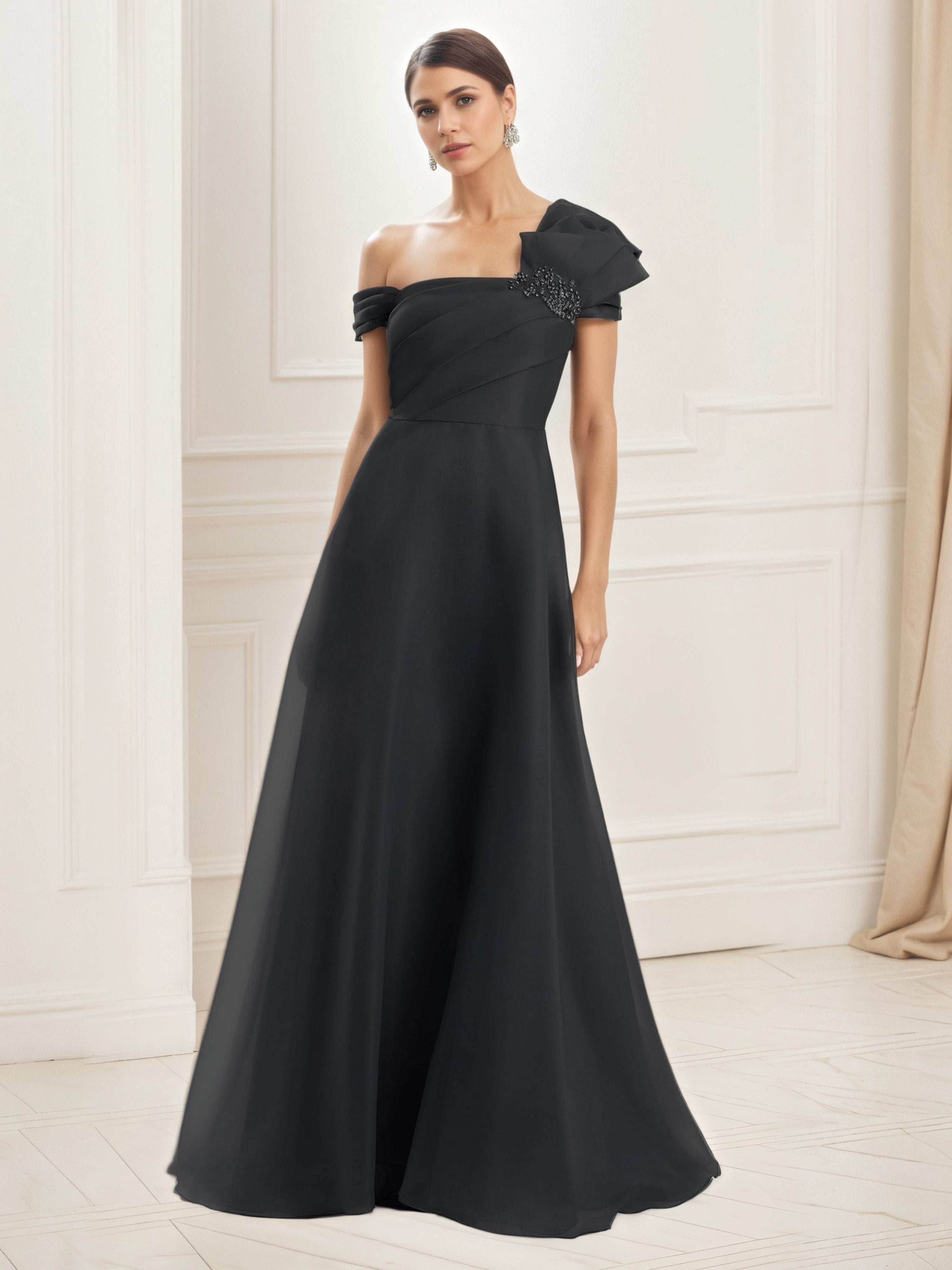 Black Prom Dresses Embellished One Shoulder Pleated Bodice A-Line Prom Black Prom Dresses Embellished One Shoulder Pleated Bodice A-Line Prom