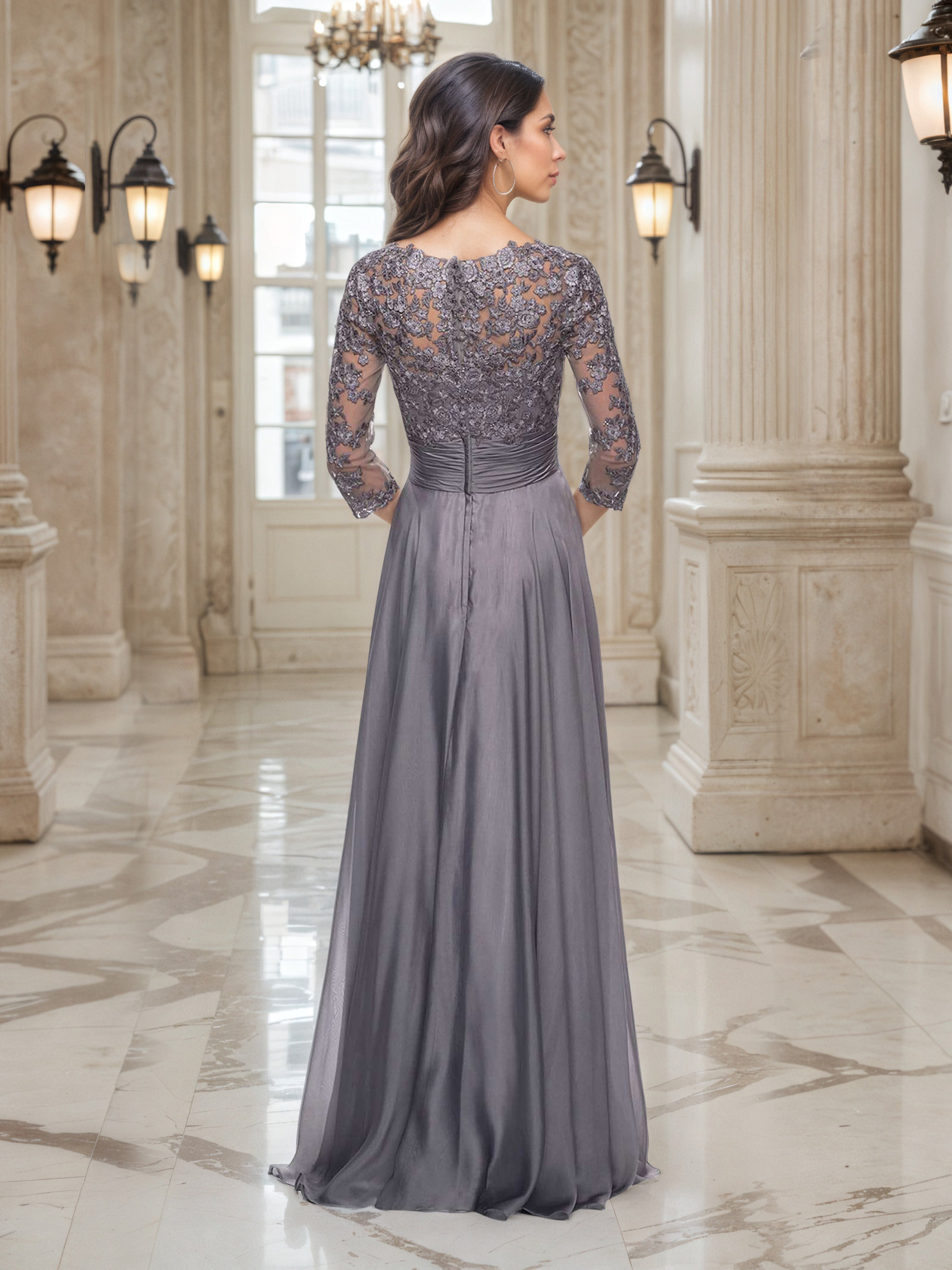 Steel Gray A-Line V-Neck 3/4 Lace Sleeves Sleeves Prom Dress