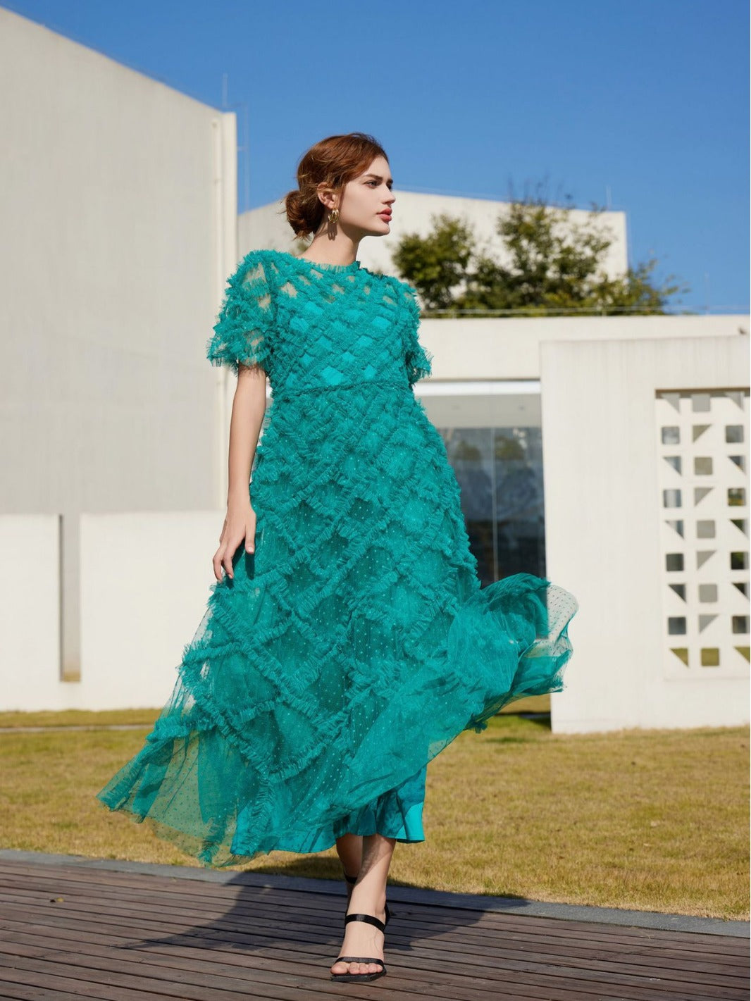 Peacock Round Neck Short Sleeve Polka Dot Tulle Maxi Prom Dress